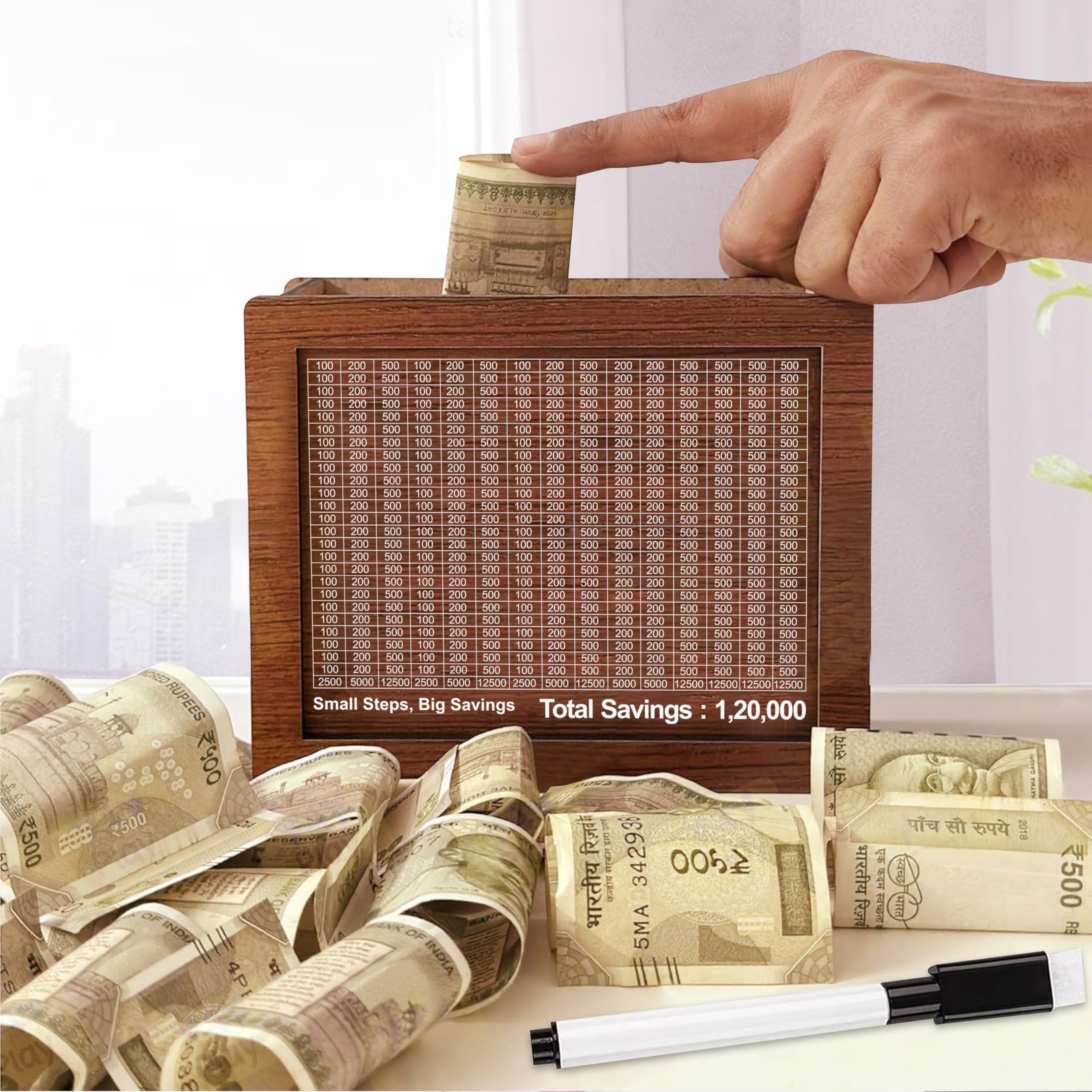 Goelite Wooden Money/Piggy Bank, Money Box, Coin Box with Printed Design for Kids/Children, Savings Challenge Box, Cashbox,Cash Vault Wooden Savings Box,Wooden Coin