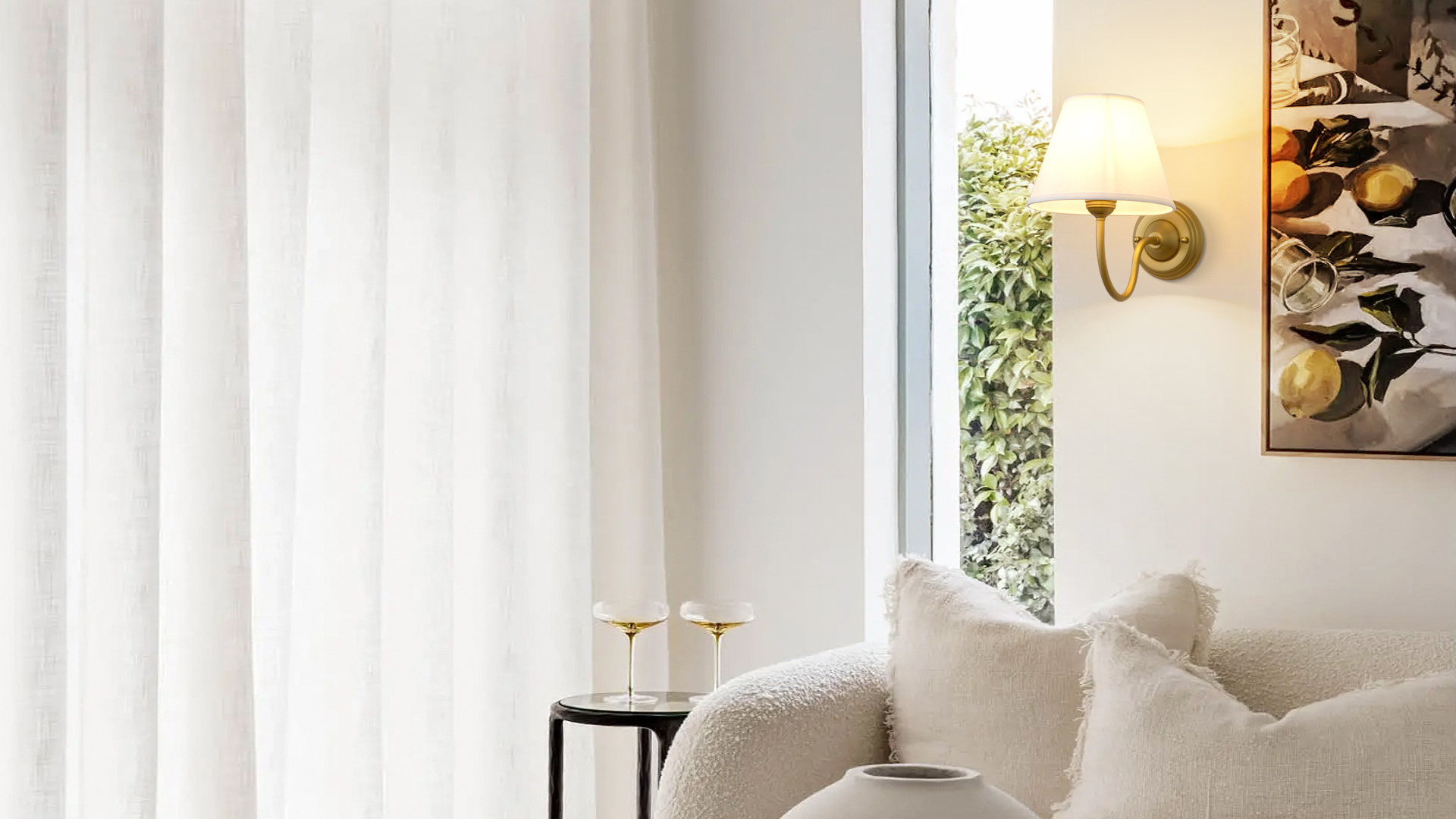 Image of Vintage Curved Arm Fabric Wall Sconce with Linen Cloth Shade, Hardwired Indoor Single Sconce Light Wall Mounted Lamp for Bedroom Living Room Stairs Hallway