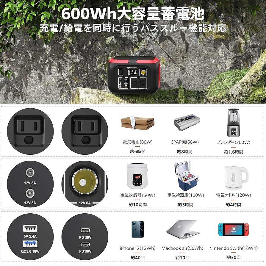 ELECEANTA  エレカンタ  G600  ポータブル電源  高輝度ライト付 Amazon.co.jp: ELECAENTA ポータブル電源G600 大容量 600Wh 純正