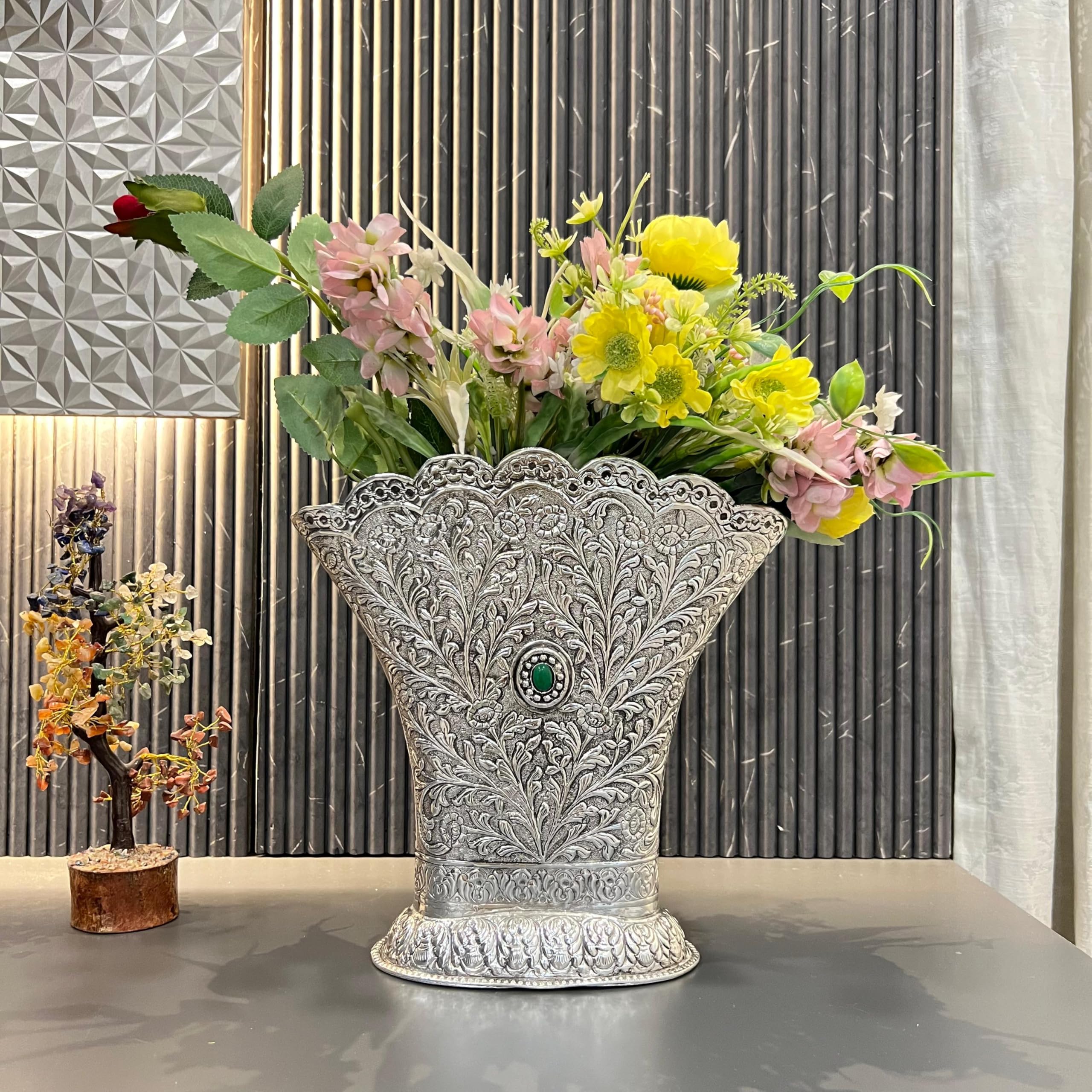 German Silver Vase Bowl for Home & Office Decor | Premium Finish Decorative Flower & Centerpiece Bowl | Elegant Tabletop Showpiece for Living Room, Reception & Gifting – 11 x 11.5 Inch-image-38