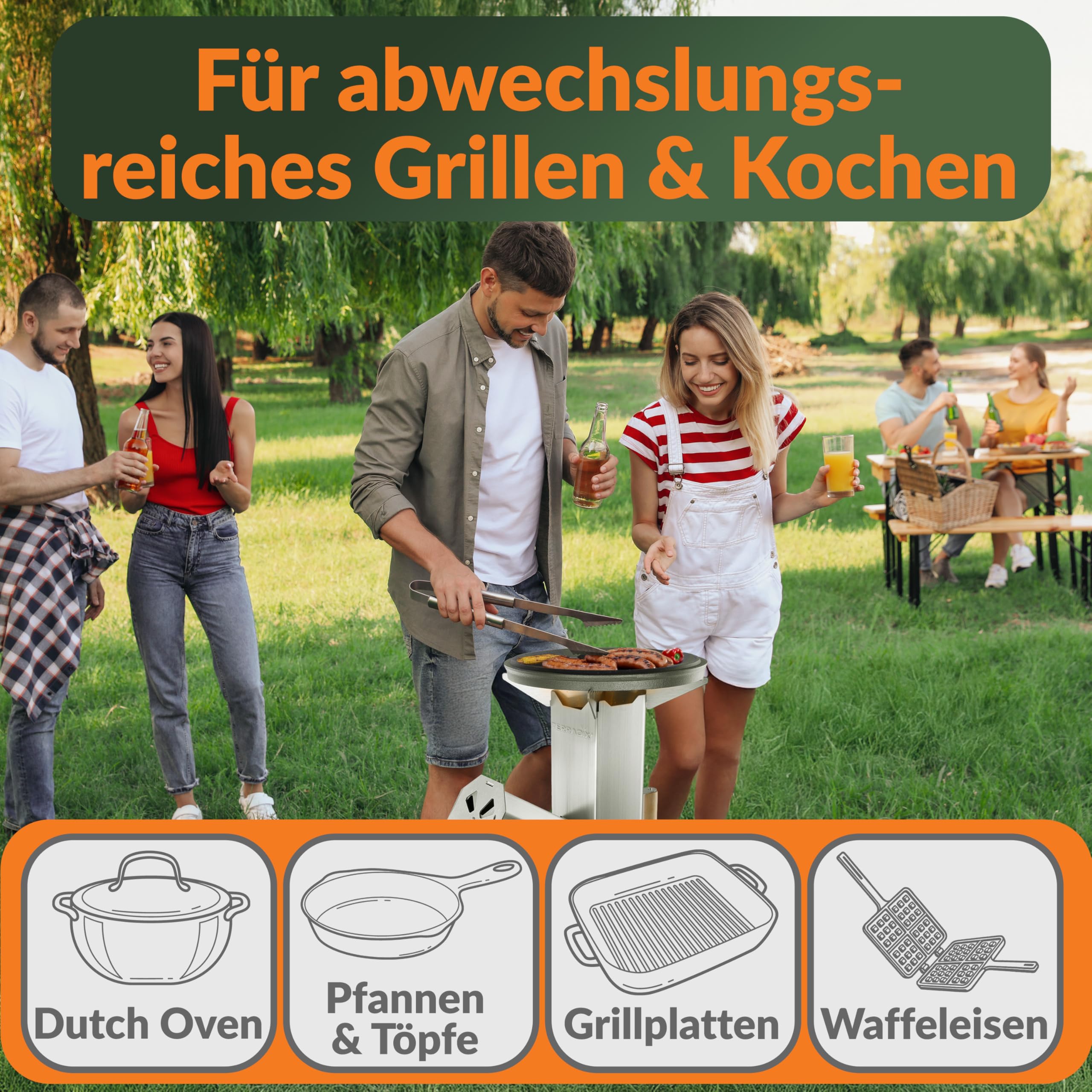 Raketenofen Campinggrill Edelstahl - kochen, braten, grillen - komplett zerlegbar mit Tragetasche- mit Holz oder Kohle befeuerbar