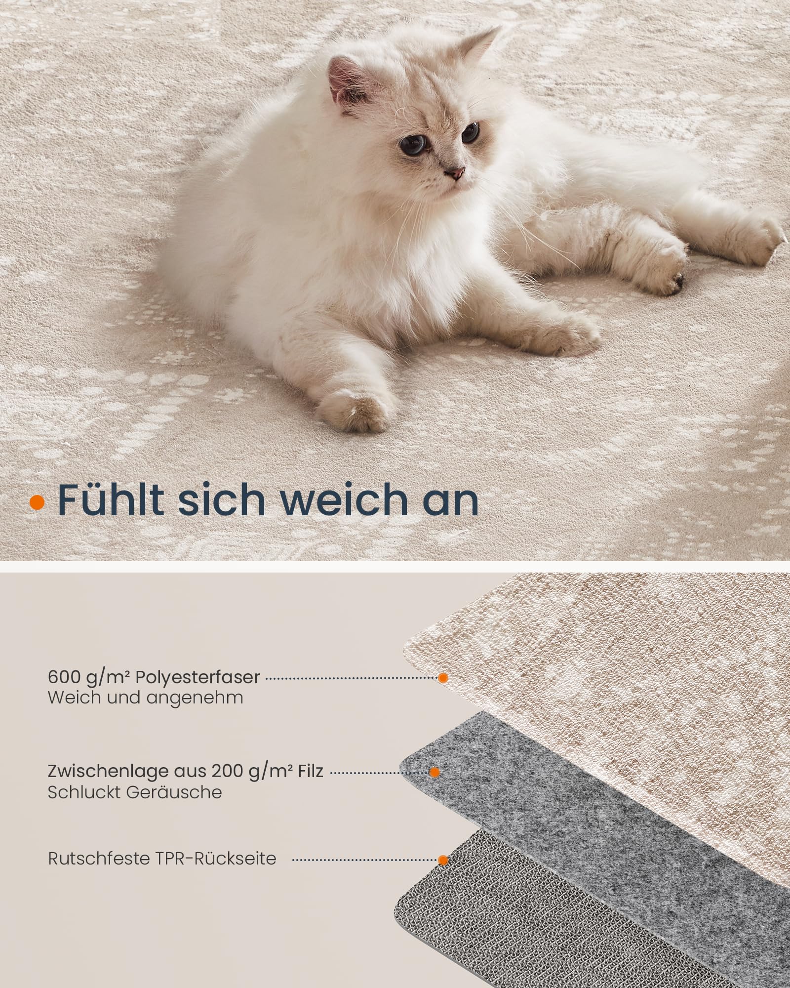 SONGMICS Boho Teppich, 160 x 230 cm, Schlafzimmer Teppich, Wohnzimmerteppich, rutschfesterteppich, waschbarerteppich, flauschig, Dekoration, für Wohnzimmer, cappuccinobeige TAR029K01