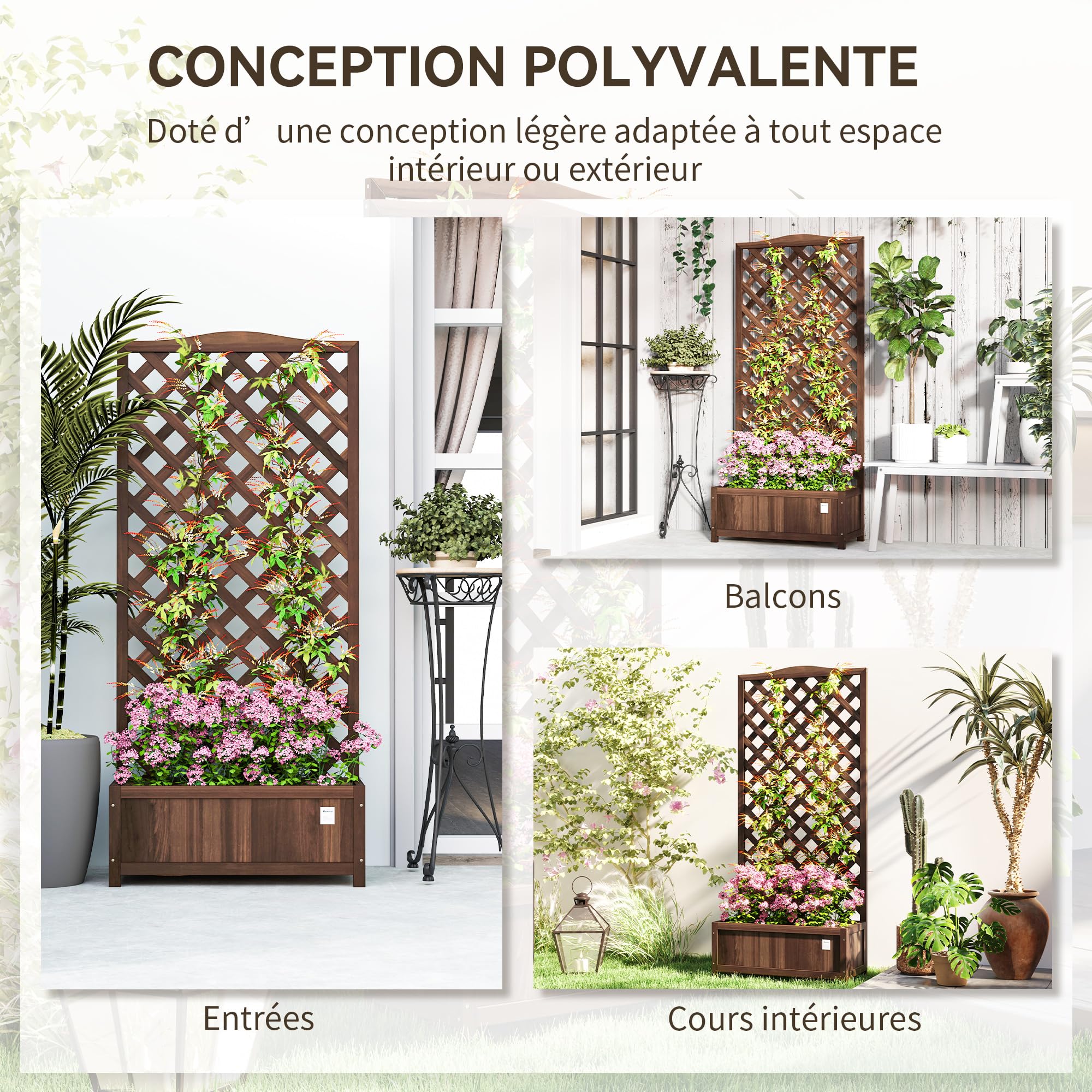 Outsunny Jardinière avec Treillis Bac à Fleurs sur Pied 76x36x170 cm Bois Sapin pré-huilé Marron