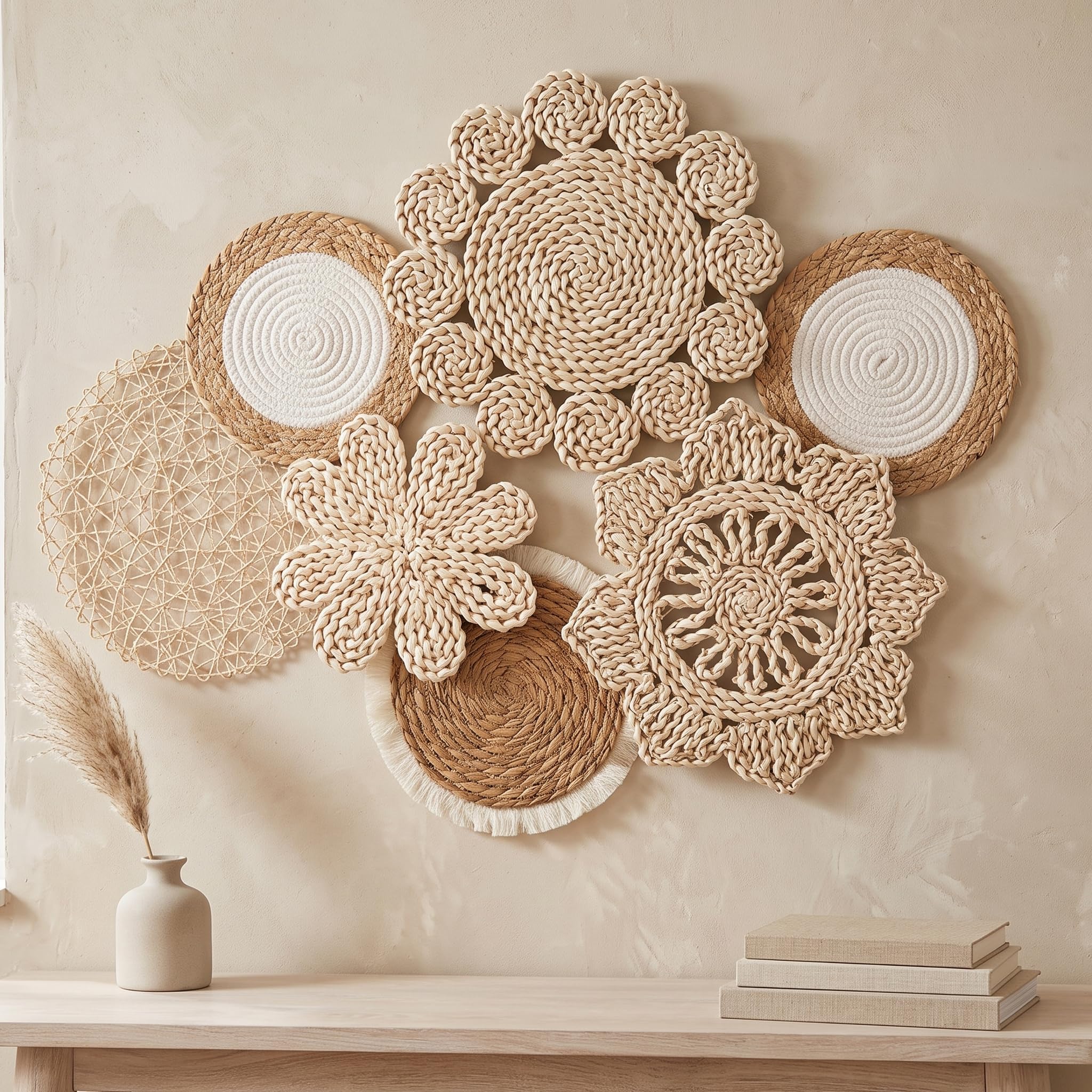 DAGLLGEW 7 unids/set decoración de pared de ratán tejido a mano bohemio arte de pared para sala de estar cesta decoración de mimbre
