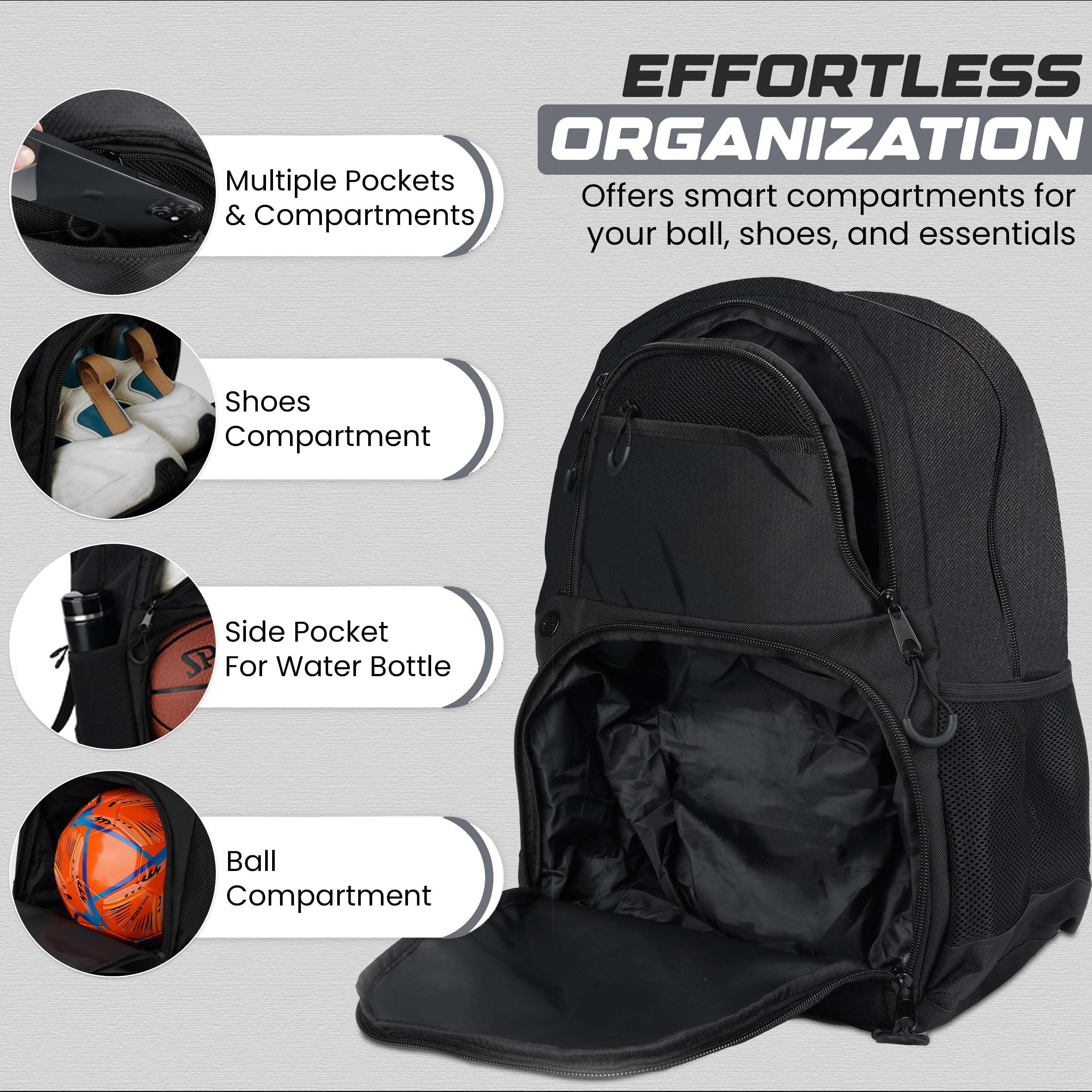 Mochila multideportiva de fútbol y baloncesto, compartimento separado para pelota/zapatos, gran capacidad, ideal para baloncesto, fútbol, voleibol (negro)