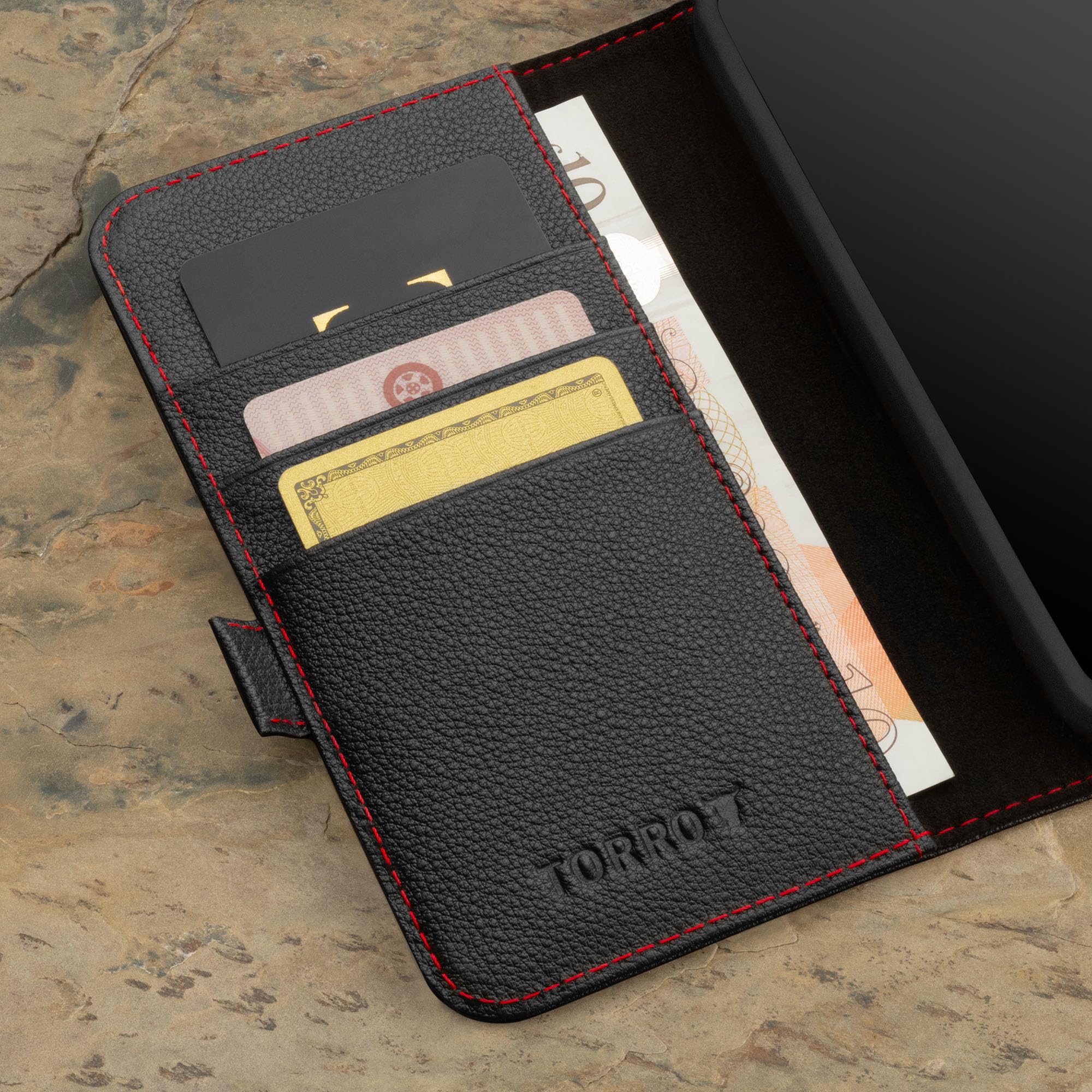 TORRO Custodia Compatibile con Samsung Galaxy S24+ Plus 5G – Custodia a Portafoglio in Pelle Premium con Cavalletto e Slot per Carte (Nero con dettaglio Rosso)