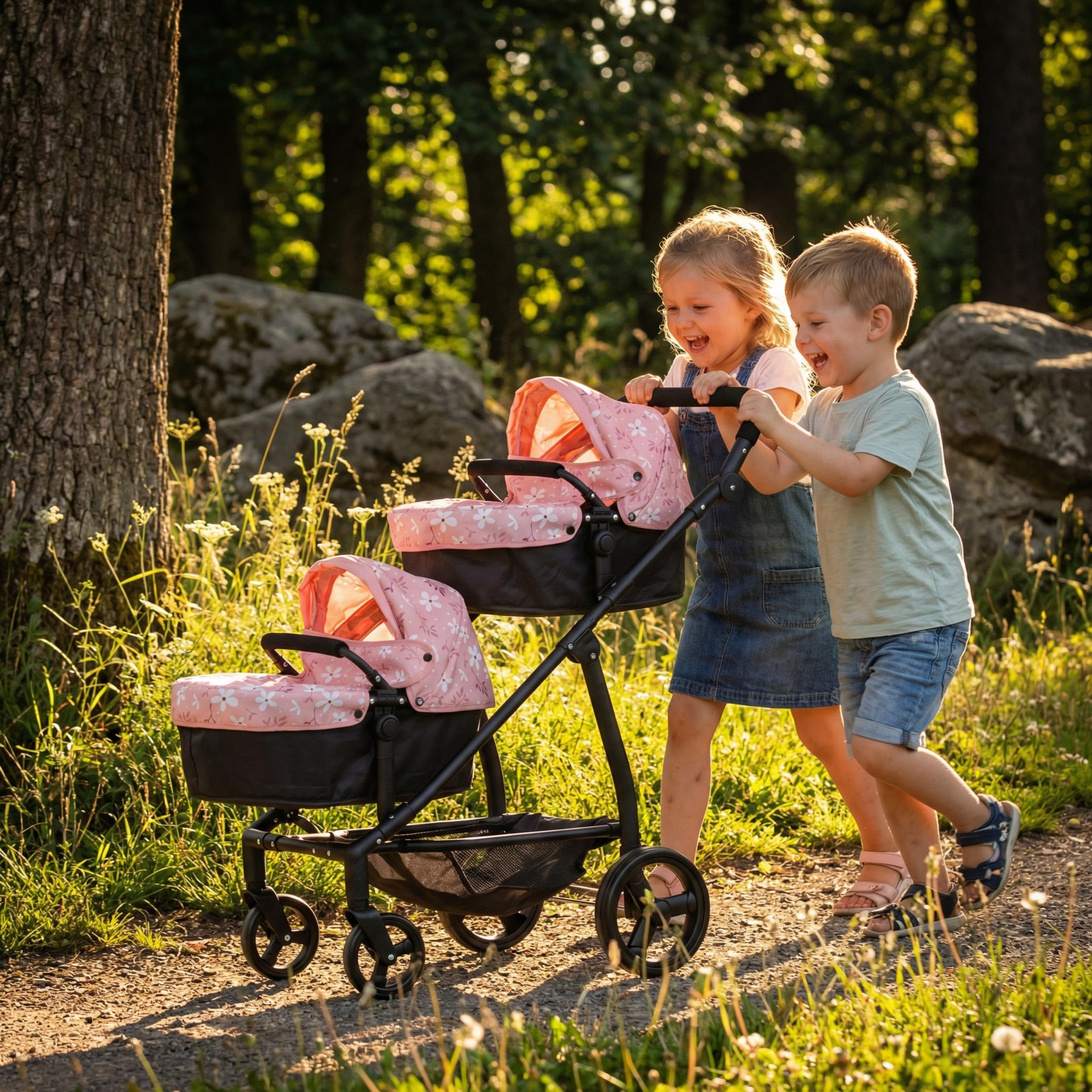 MOLTO – Zwillingskinderwagen für Puppen, zusammenklappbarer Doppelkinderwagen mit umbaubaren Babytragetaschen, 360°-Rädern und verstellbarem Schiebegriff, für Puppen bis zu 46 cm, ab 3 Jahren