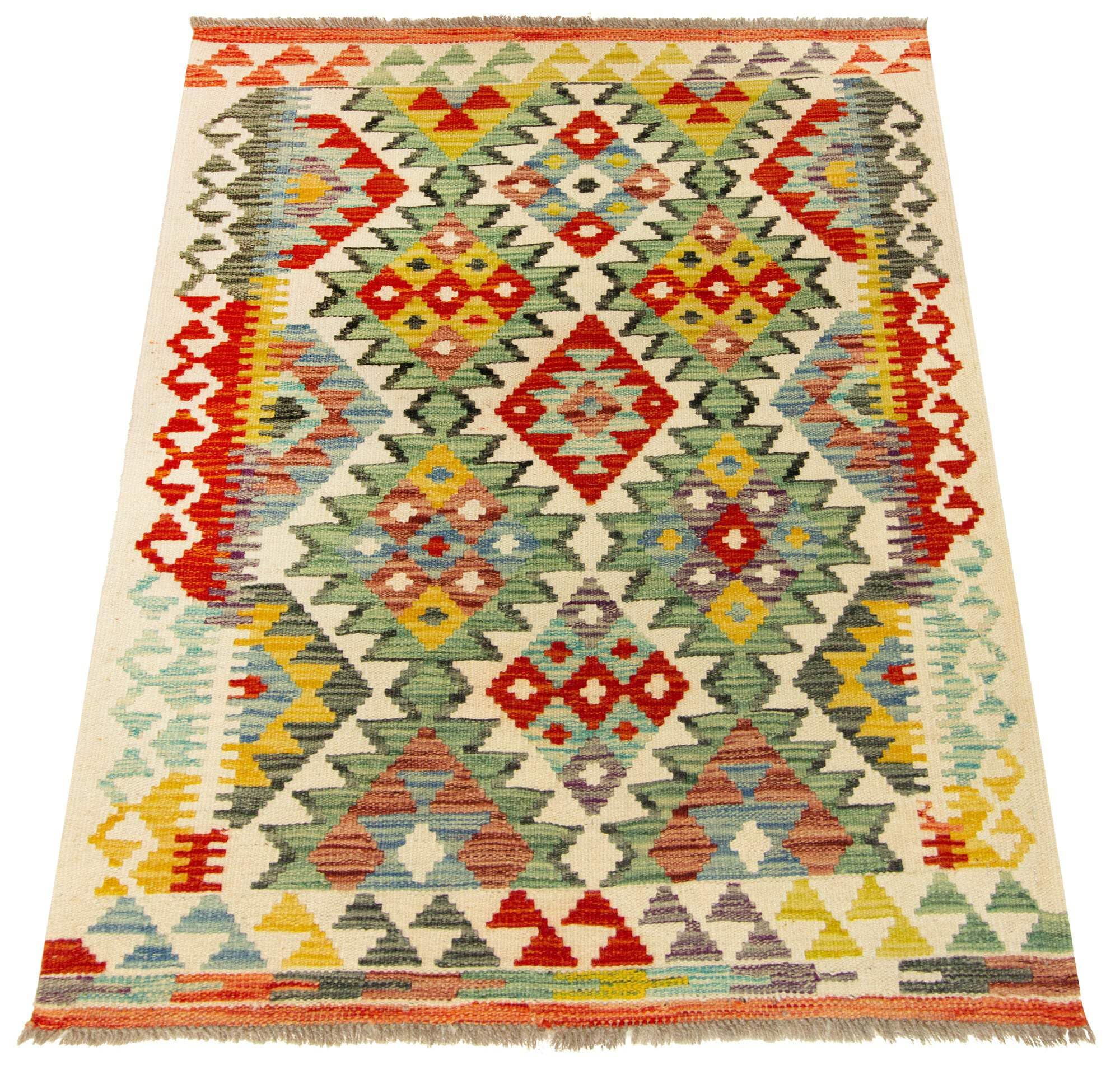 Kilim Tapis 100 % laine 112 x 86 cm, fait à la main, pièce unique de style Herat Boho multicolore, tissage plat, tapis d'entrée et chambre