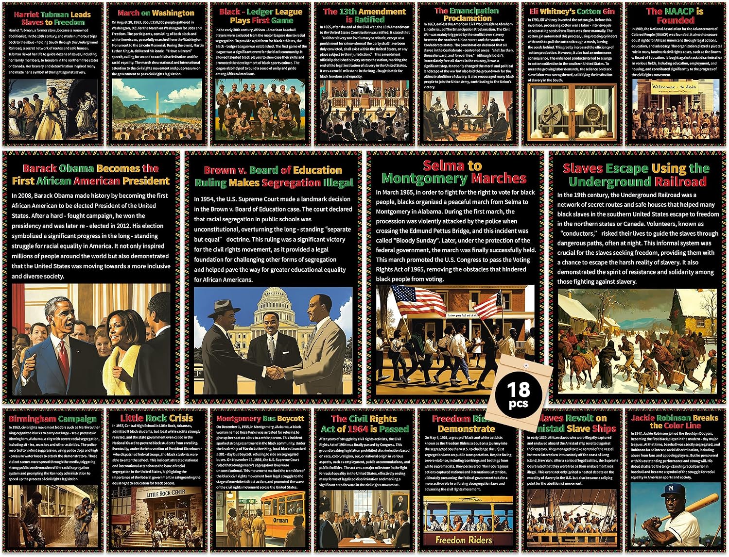 18Pcs Black History Month Poster Decorations African American Posters with Historical Events Educational Black History Events Accents Poster for School Classroom Bulletin Board Wall Decor