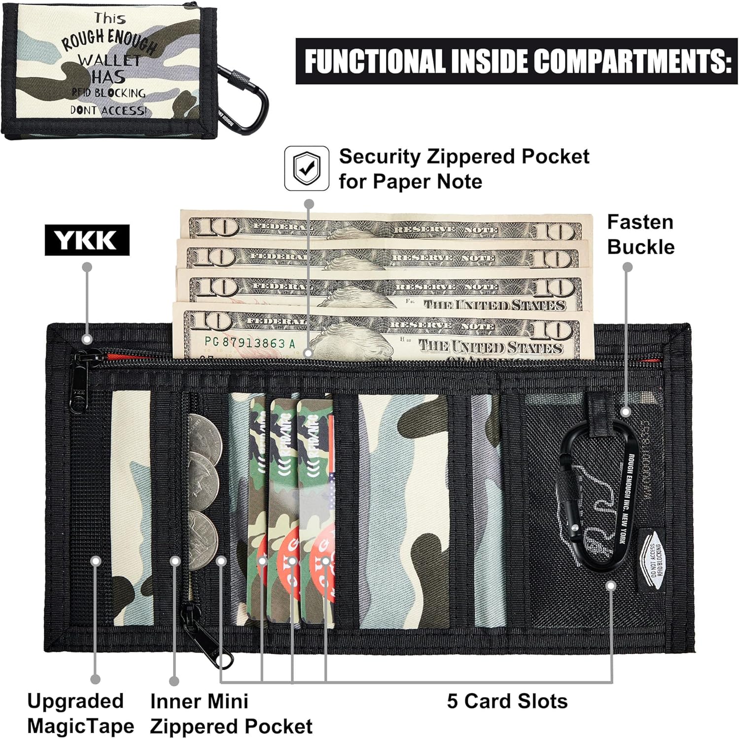 Rough Enough Kids Wallet for Boys Preppy Teens RFID Blocking with Black Lanyard Keychain Light Blue Camo Canvas - Image 4