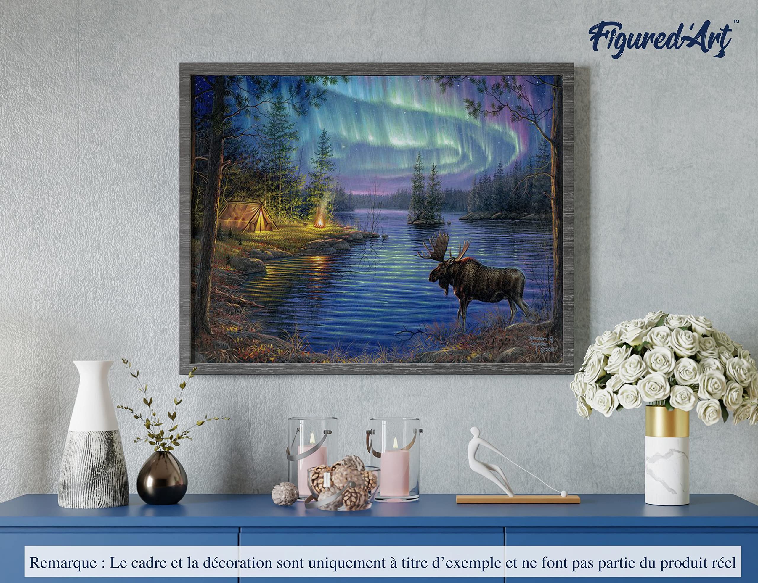 Figured'Art Malen Nach Zahlen Erwachsene Mit Rahmen Elch und Aurora Borealis - Paint by Numbers Basteln DIY Bastelset 40x50cm Leinwand gespannt auf Holzrahmen