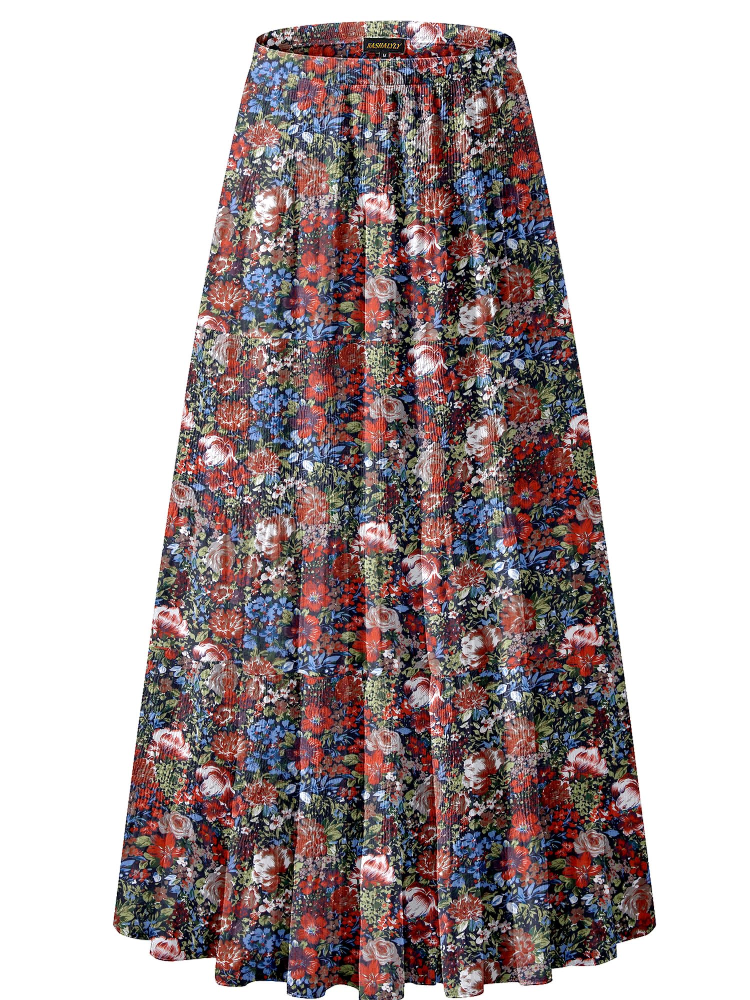 NASHALYLY Women's Chiffon Elastic High Waist Pleated A-Line Maxi Skirts