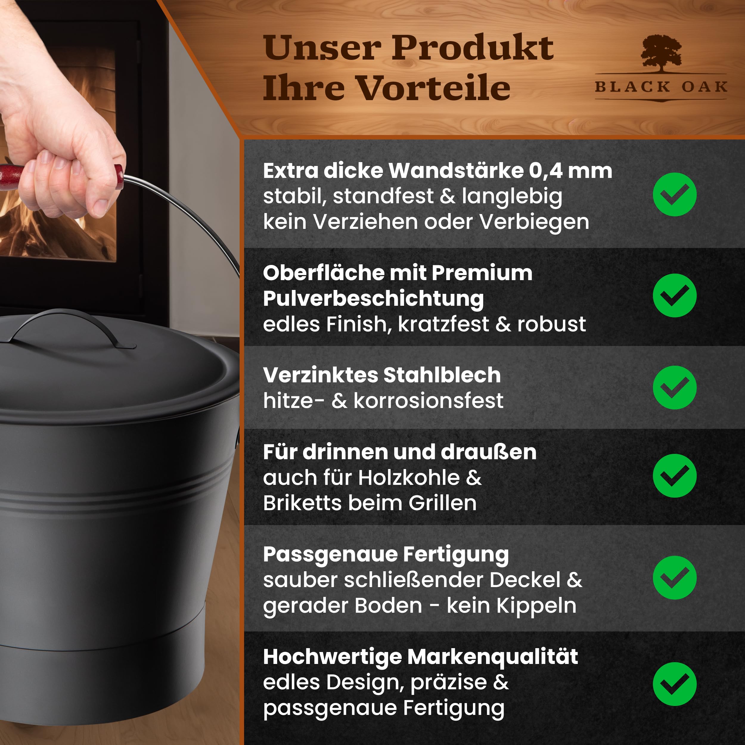 BLACK OAK LANIN - Secchio per cenere, 8 l, nero con coperchio e manico in legno scuro + spazzola, pala e guanti, 8 l, in acciaio zincato e verniciato a polvere, per pellet di carbone di cenere
