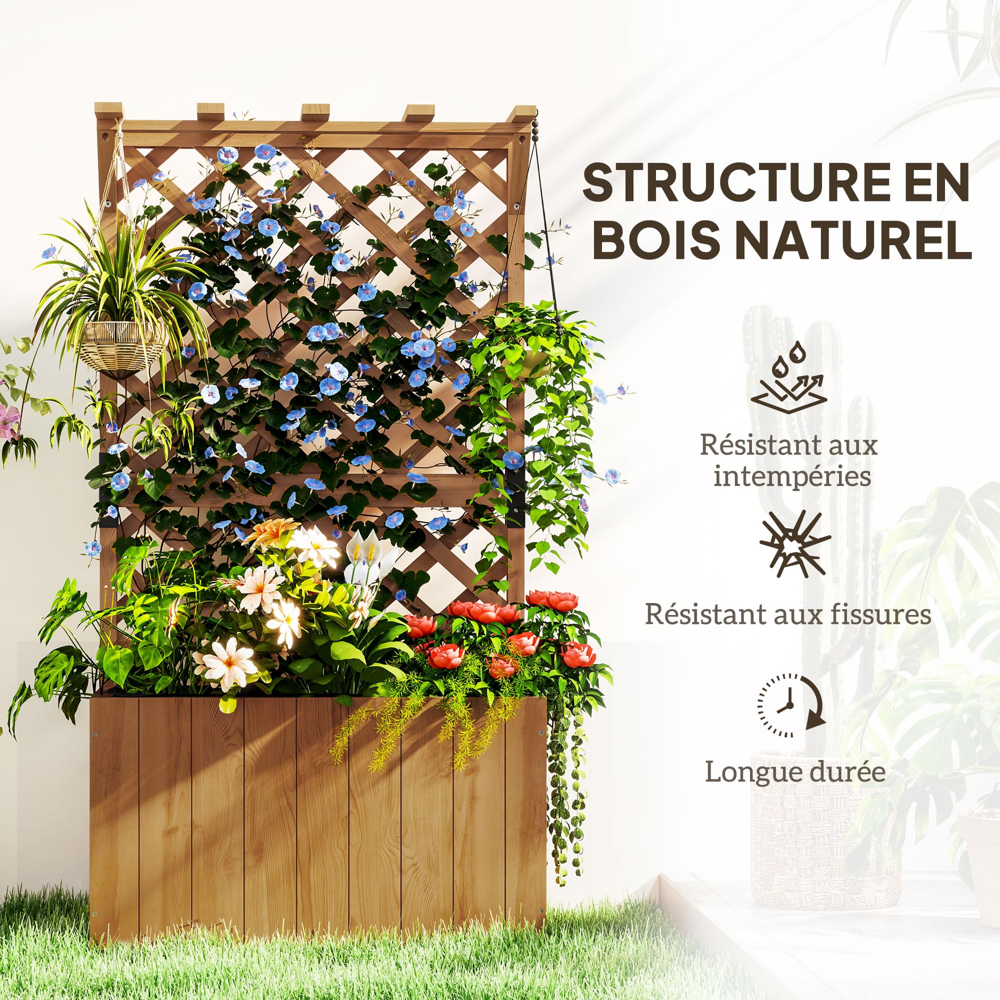 Outsunny Jardinière avec Treillis, bac à Fleurs, lit surélevé en Bois Massif avec Trous de Drainage et Doublure, pour Plantes grimpantes, légumes et Fleurs, 64 x 33 x 122 cm, Bois Naturel