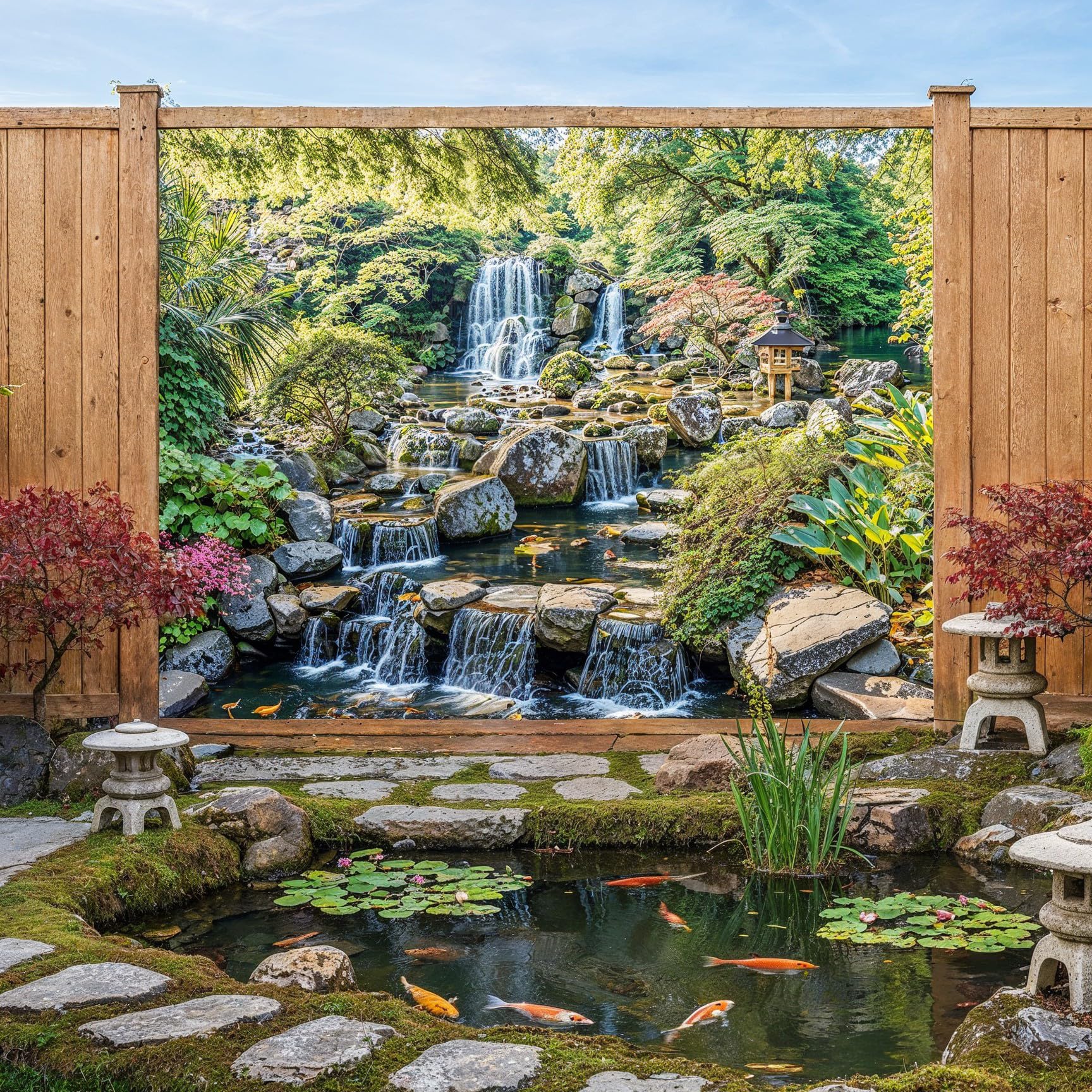 Sabrikas Let Your Creative Spirit Run Free Green Waterfall Mural, Tapestry & Curtain Waterproof Outdoor Wall Hanging, Waterfall Feature Backdrop, Garden Pond Wall Art, Fence Feature & Outdoor Decor (W240cm X H180cm)