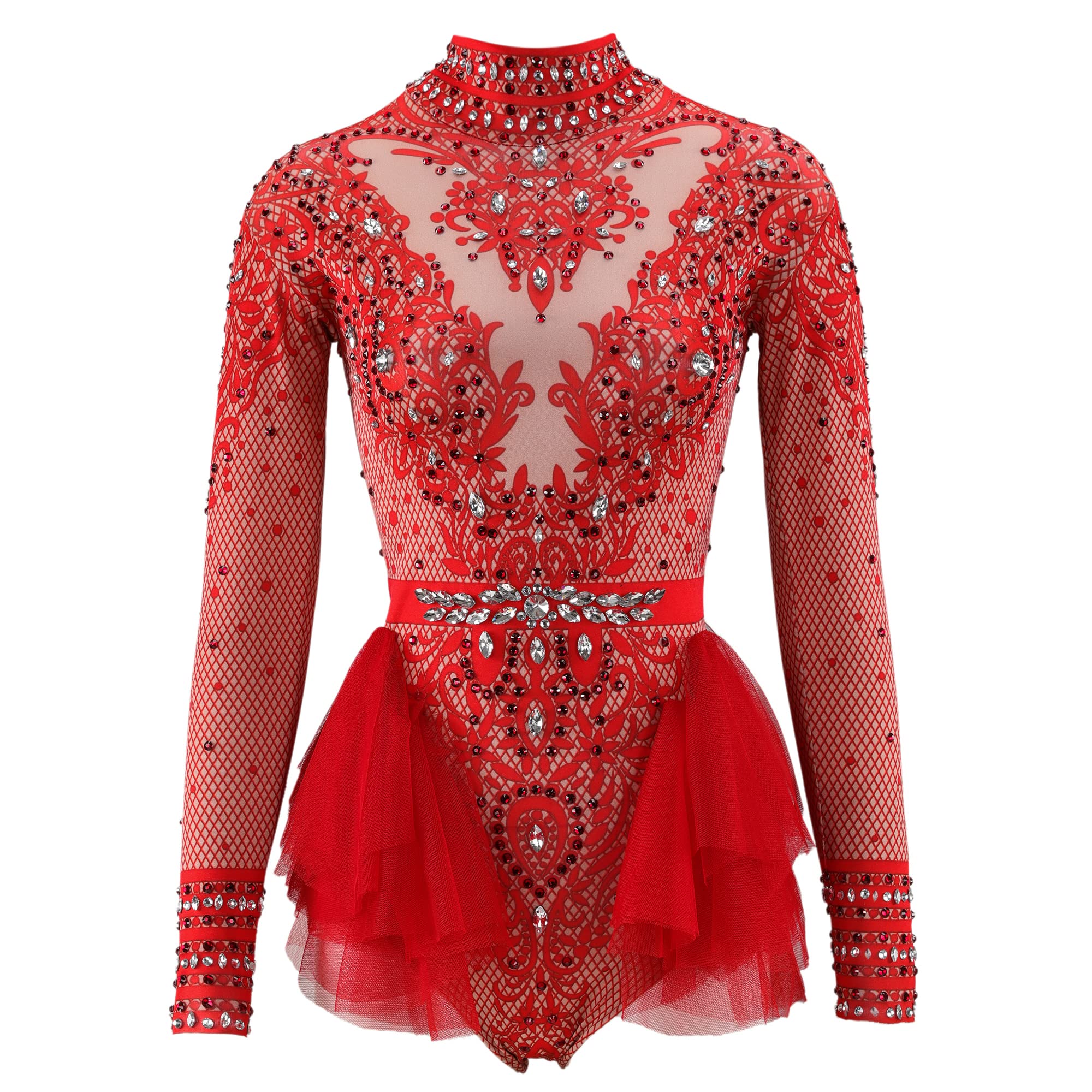 Roter Strass-Body, Tanzkostüm, für Damen, atemberaubend, langärmelig, Drag Queen-Outfit, sexy Club-Nachthemd-Jumpsuits