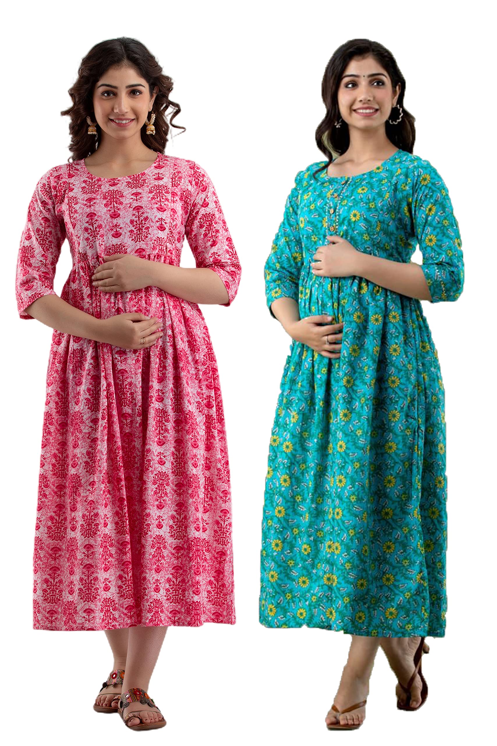 Women's Pure Cotton Printed Maternity Gown Feeding Nighty A-line Maternity Dress Kurti Gown for Women Pack of 2-image-20