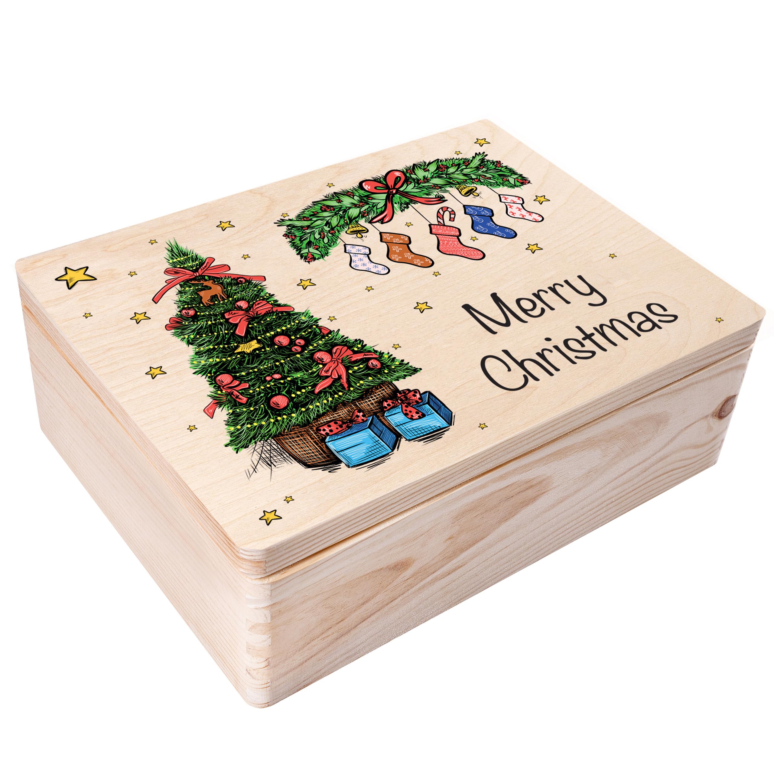 Creative Deco Women's Beige Personalised Gifts Any Text Gift Christmas For Men, Girls Or Boys - Xmas Tree | Unique Wish Custom Xmas Gift Box | Customised Wooden Storage Box | Empty Christmas Eve Box