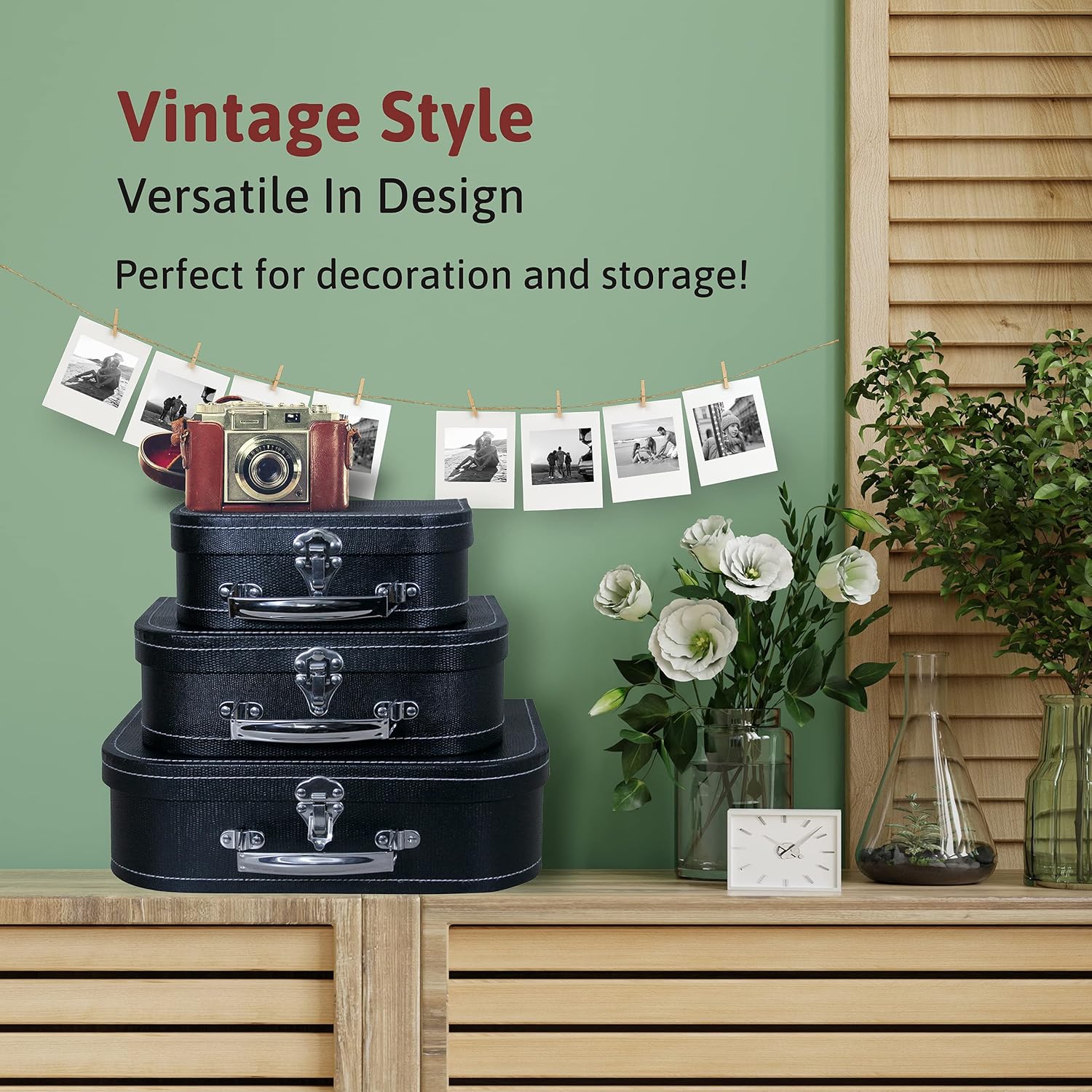 wald imports - Set of 3 Paperboard Suitcases -Decorative Storage Boxes - Suitcase Set for Decoration, Storage, and More (Black) : Home & Kitchen