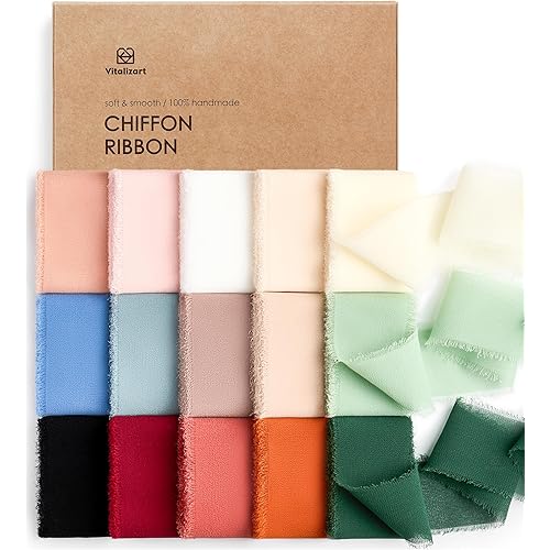 Vitalizart 15 Rolls Chiffon Silk Ribbon Handmade Frayed Fringe 1 1/2 Inch Eco-Friendly for Christmas Gift Wrapping Wedding Invitations Bridal Bouquets Bows 30 Yards in total