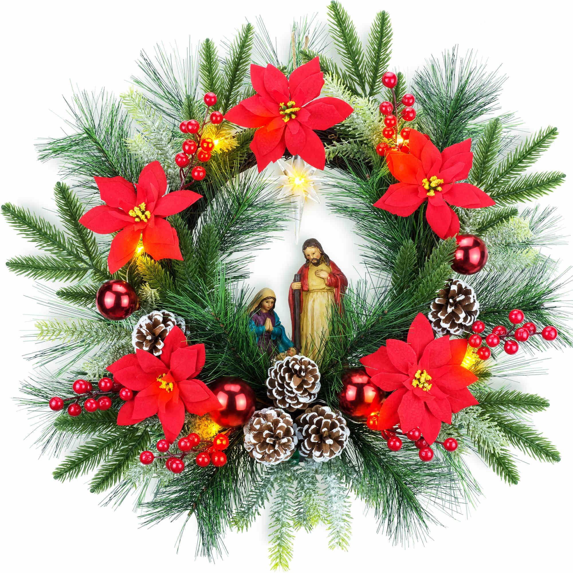 YULETIME 50,8 cm großer Weihnachtskranz mit Beleuchtung, batteriebetrieben mit 10 Lichterketten, Weihnachtskranz (Nativity Poinsettia) | Krippenstatue der Heiligen Familie, Stern von Bethlehem, Tannenzapfen, roter Weihnachtsstern und Beeren, Tannennadeln