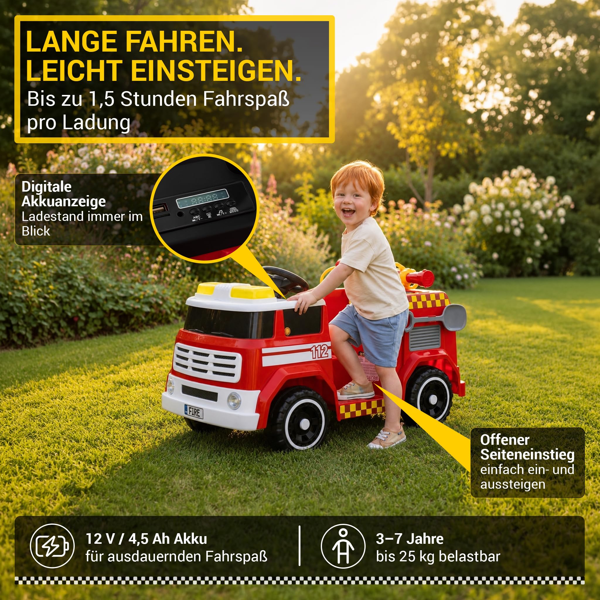 Actionbikes Motors Kinder Elektroauto LF112 | 2,4 Ghz Fernbedienung | Feuerwehrauto | Spielzeugauto | Kinderauto elektrisch | Elektrofahrzeuge | Feuerwehr | Elektro Auto für Kinder ab 3 Jahre