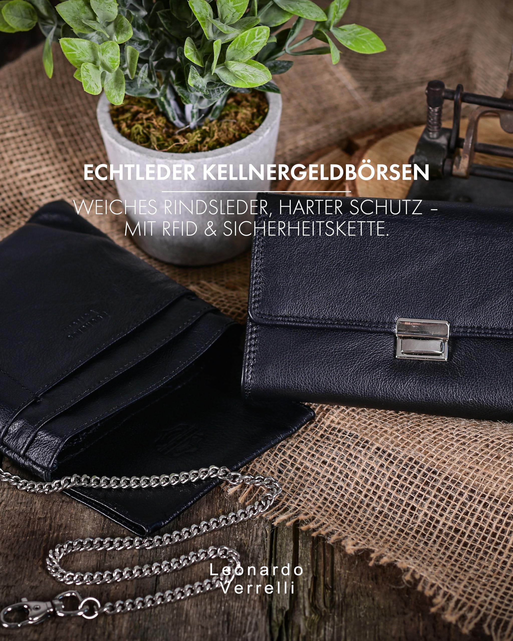 Kellner Geldbörse aus Leder, Kellner Börse, Geldbeutel, Taxi, Service für Damen Herren Portemonnaie mit oder ohne Holster, Steck-Tasche, mit Kette und Münzfach schwarz