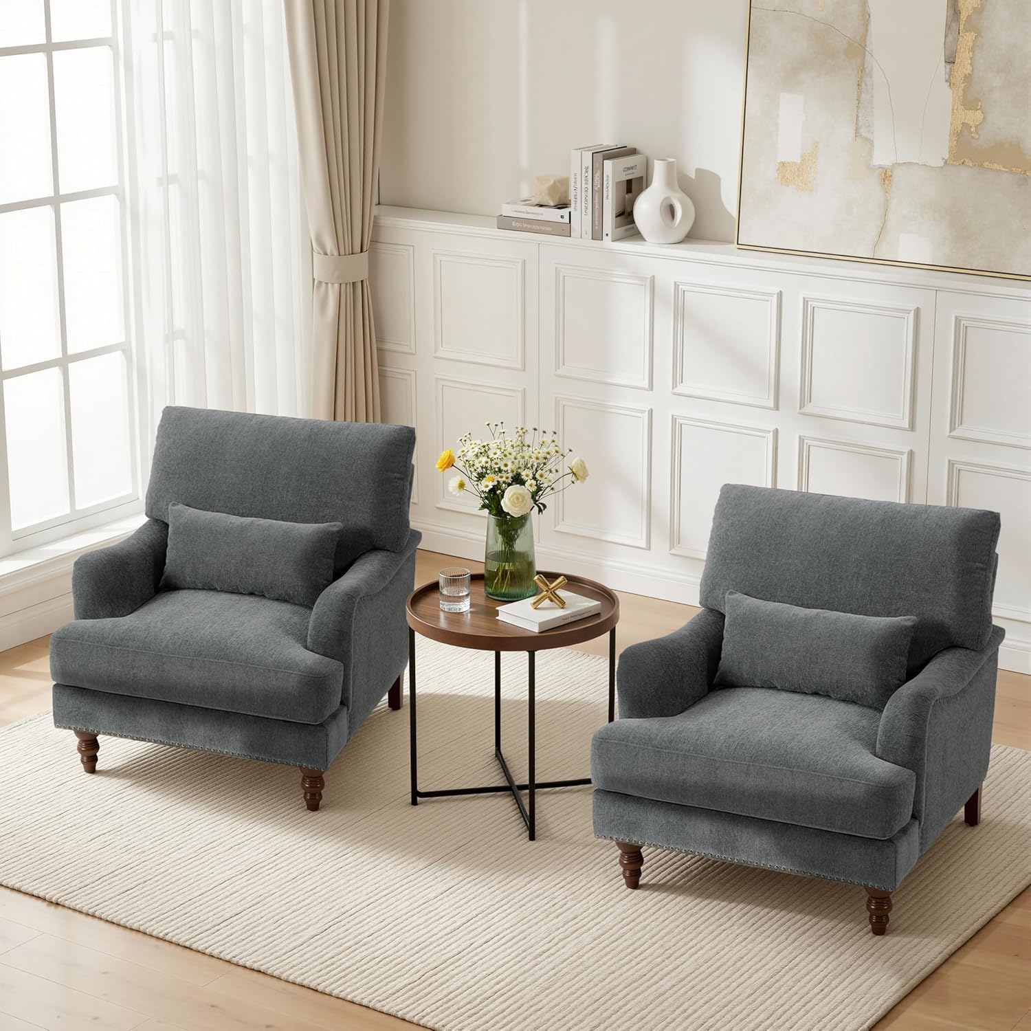 Accent Chair for Living Room, Upholstered Armchair with Nailhead Trim & Solid Wood Legs, Mid Century Modern Chenille Club Chair for Bedroom/Reading Room, Gray