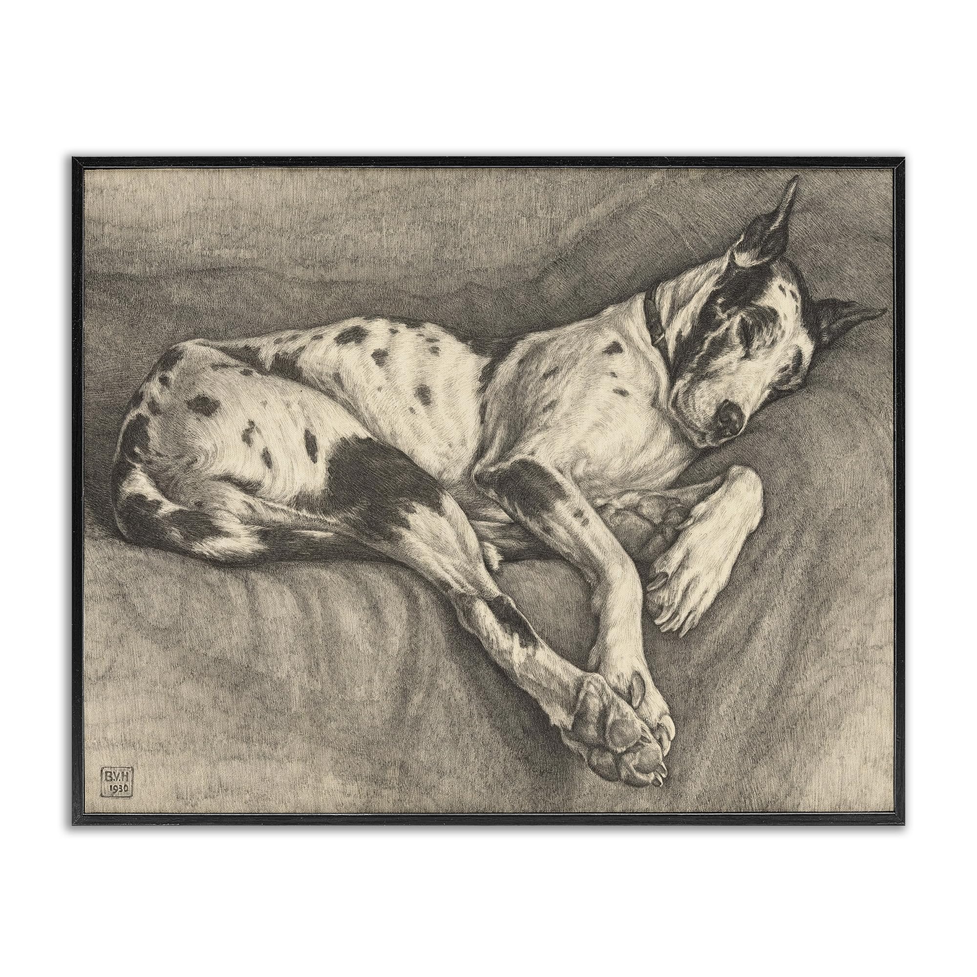 Stupell Industries Midnight Black (Textured) Sleeping Hound Drawing Classic, 11 X 14 Inch Framed Giclée Print