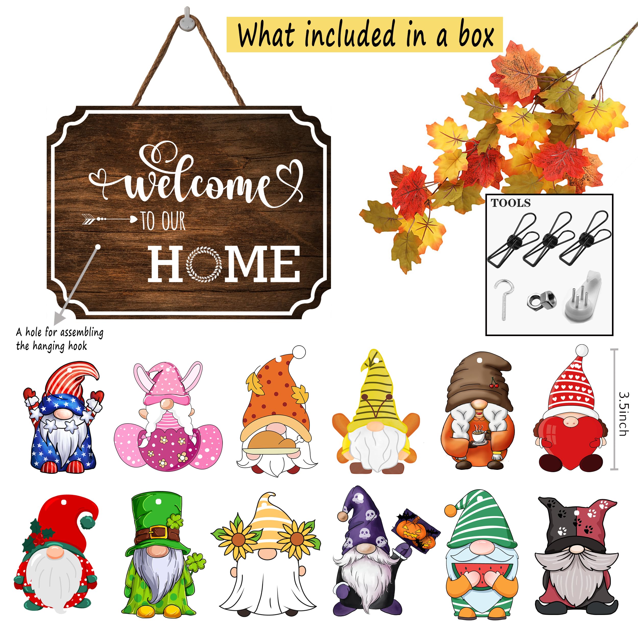 16" Seasonal Welcome Sign Wreaths for Front Door w/ 12 Holiday Gnomes Interchangeable,Fall Porch Decor Hanging Porch Door Signs Outdoors, with long Maple Garland DIY (Brown)