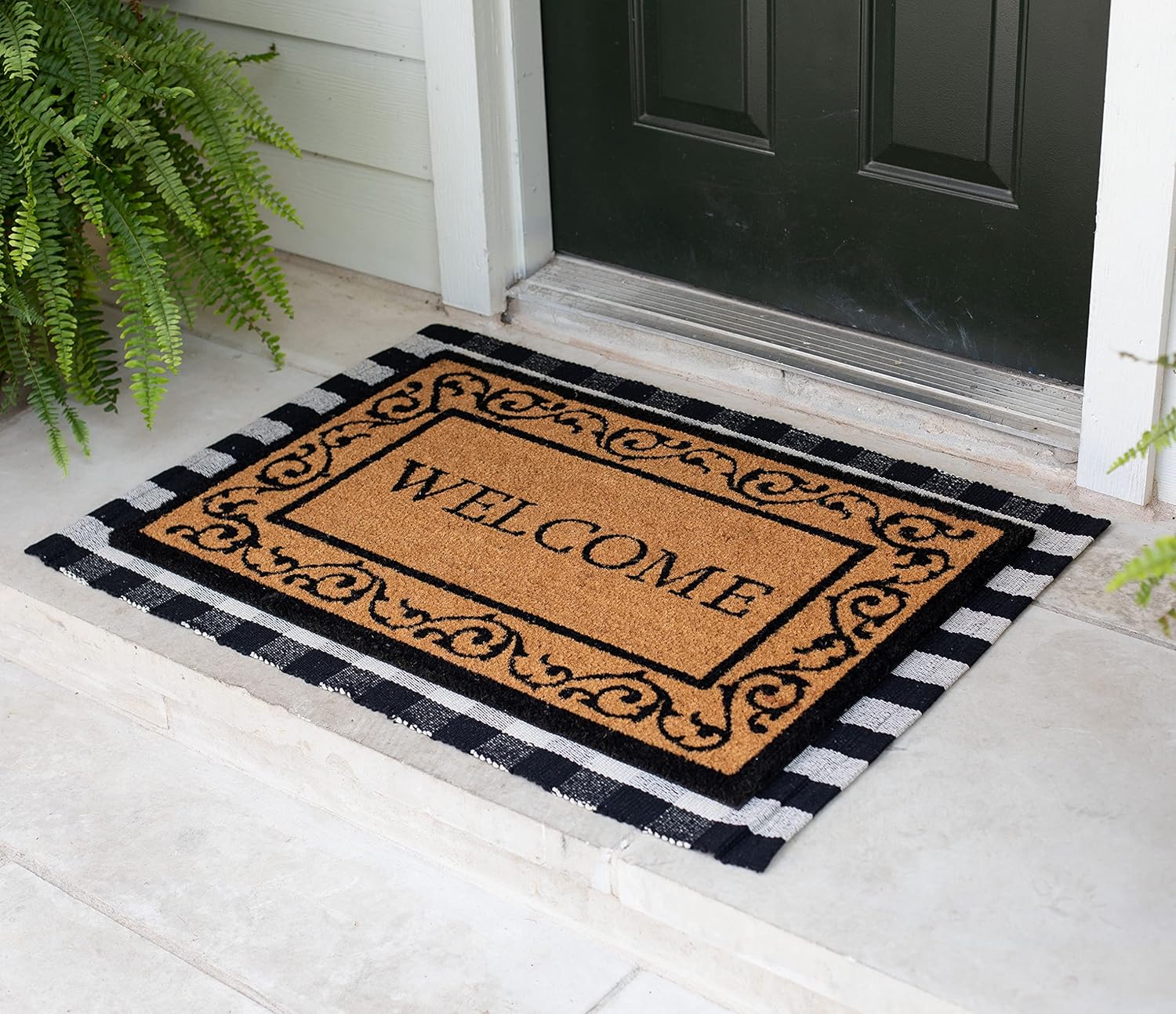 BIRDROCK HOME Layered Welcome Mat with Scroll Border - Durable Vinyl Backed Outdoor Doormat - Non-Slip Front Door Entryway Rug - Weather Resistant Exterior Mat for Porch, Backdoor - 30"" x 42"" "