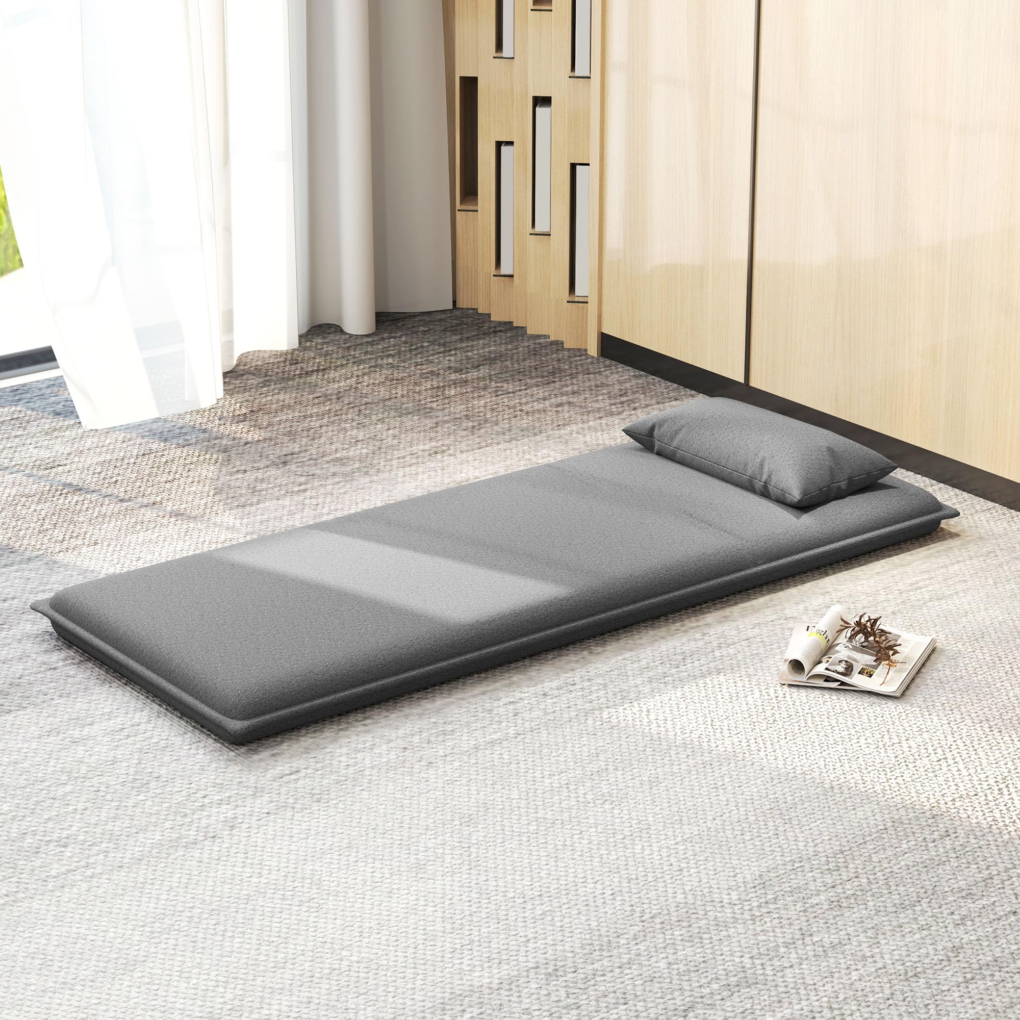 HOMCOM Bodensofa 3-in-1 Klappbar Schlafsofa mit 6-Fach verstellbar Rückenlehne Kissen Gepolstert Sofabett mit Schlaffunktion, bis 150 kg belastbar, für Schlafzimmer, Wohnzimmer, Dunkelgrau