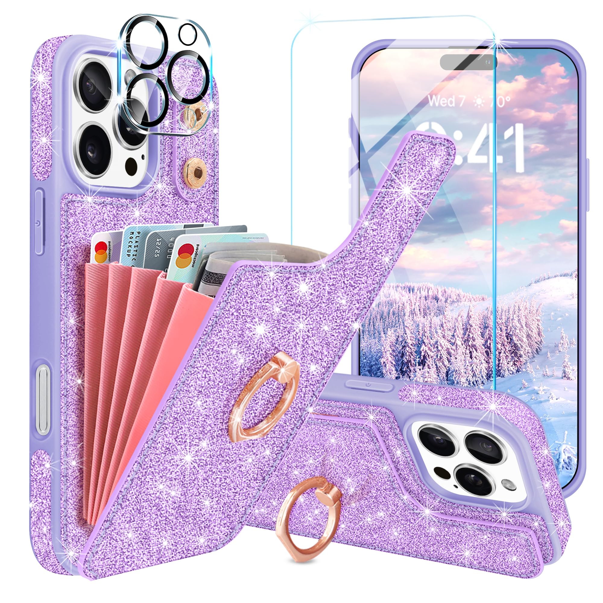 Casewind Case for iPhone 16 Pro Max Wallet Case Glitter [Screen Protector+Camera Lens Protector] [5 Card Holder&360° Rotation Ring Kickstand] Shiny