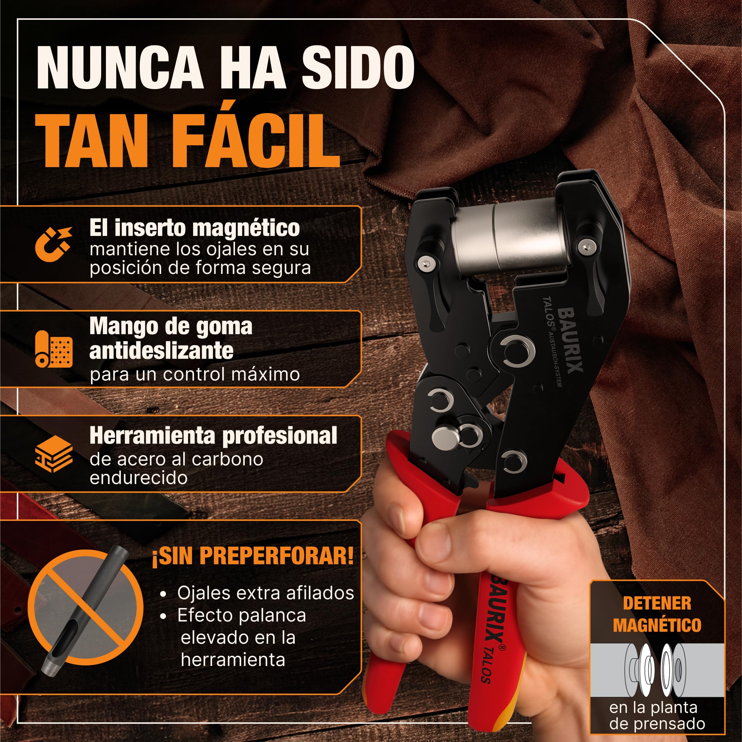 BAURIX® Alicate para Ojales con 200 Ojetes de Metal (Ø10mm) – Perforación Automática sin Troquelado Previo – para Lonas, Telas, Cuero y Textiles – ideal para Bricolaje y Costura - TALOS