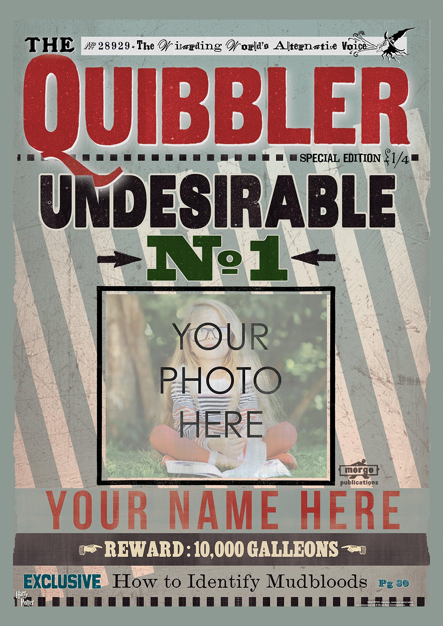 Harry Potter - The Quibbler - Undesirable No. 1 - Personalized with Name and Image - Durable 17” x 24" Wall Art – NOT Made of Paper – Officially Licensed Collectible MPU17240192