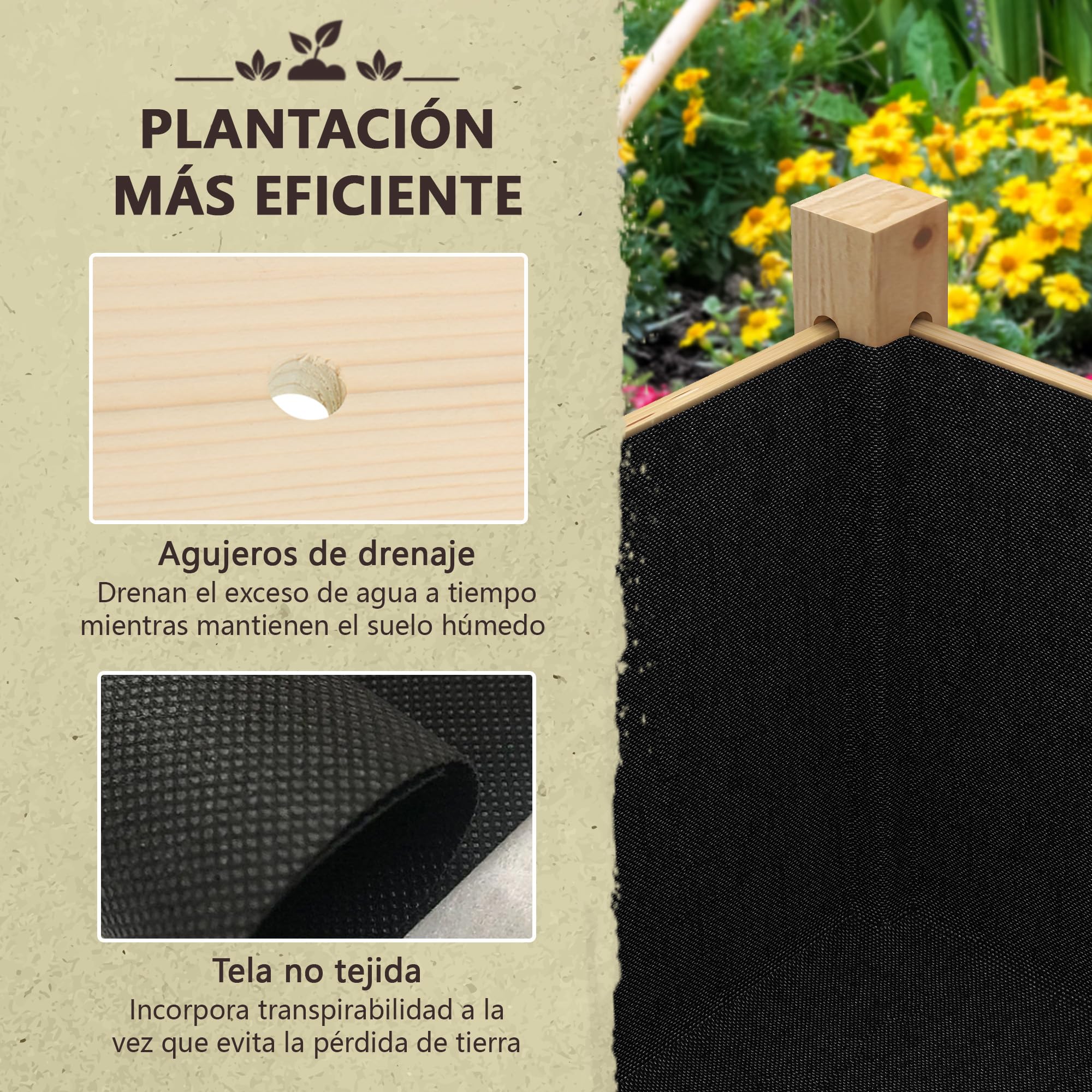 Outsunny Huerto Urbano Elevado Mesa de Cultivo de Madera 115x55x80 cm Jardinera de Cultivo con Tela no Tejida Carga 100 kg para Cultivo Plantas Flores Verduras Natural