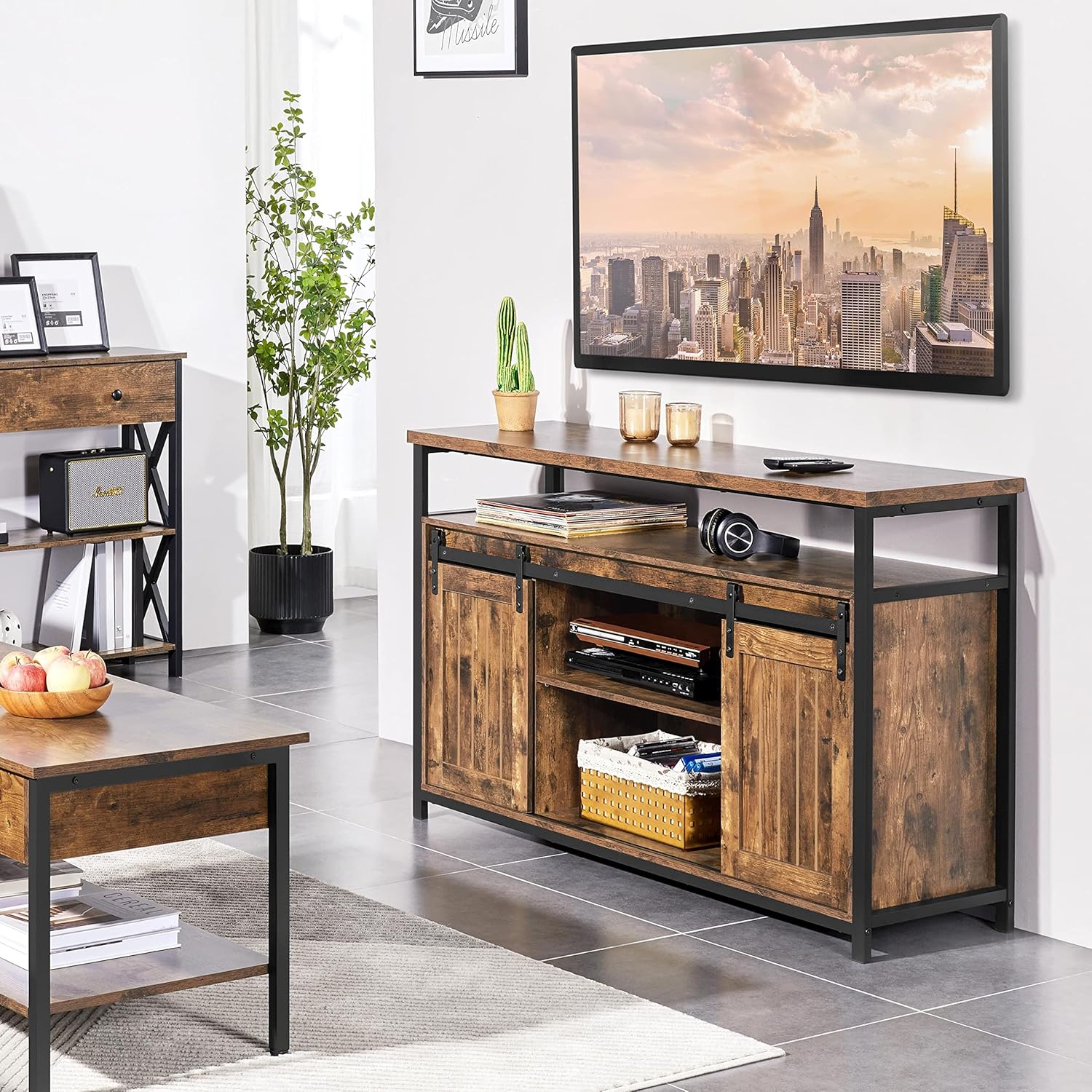 Topeakmart Farmhouse TV Stand for 55 in TV, Tall Entertainment Center w/Sliding Barn Doors & Open Storage Cabinets, Industrial TV Cabinet for Living Room, Rustic Brown, 47 Inch