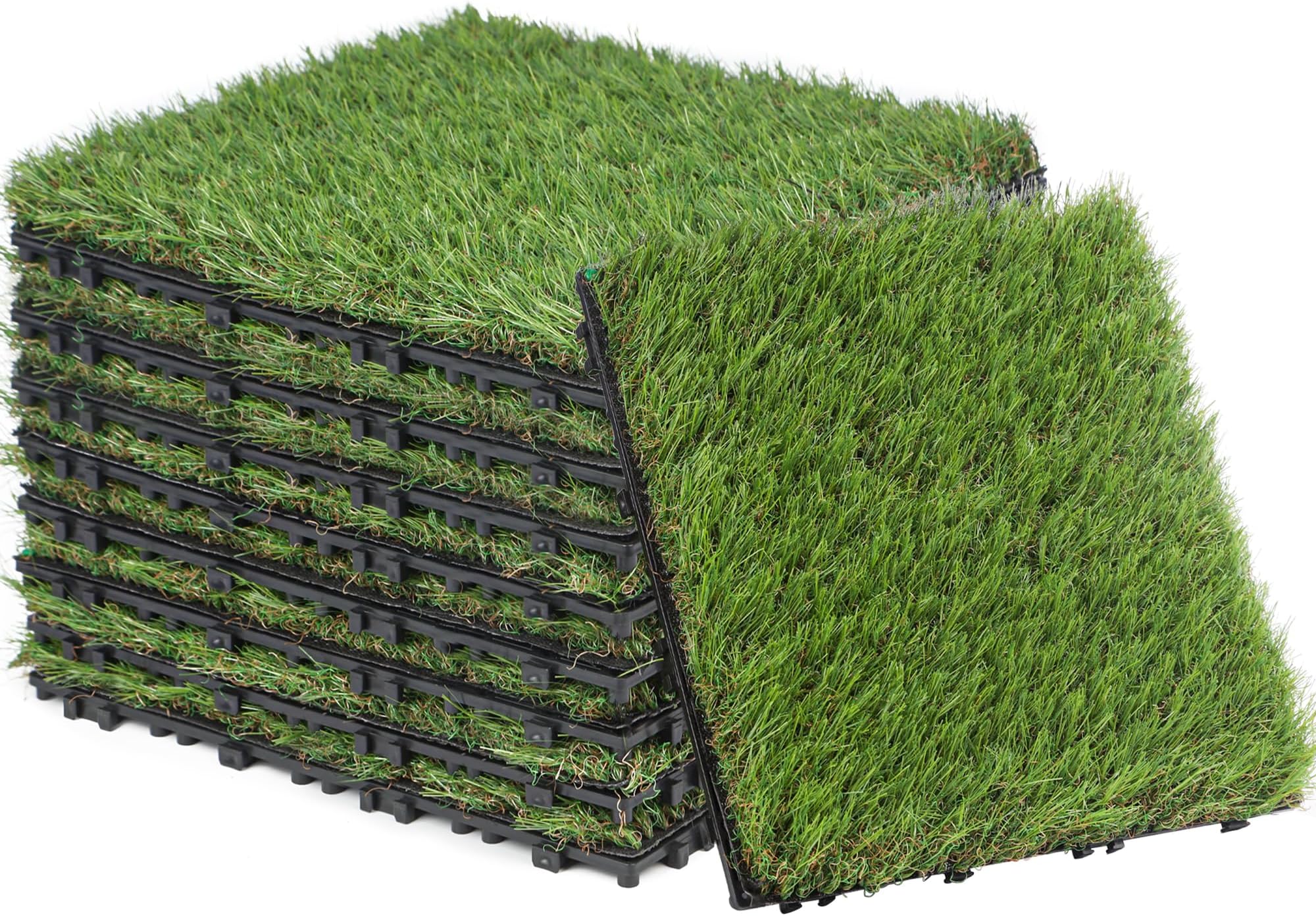 GOLDEN MOON Artificial Grass Turf Tile with Upgrade Interlocking System Self-draining Grass Tiles, 1x1 ft, 1 in Pile Height, 9 Pack