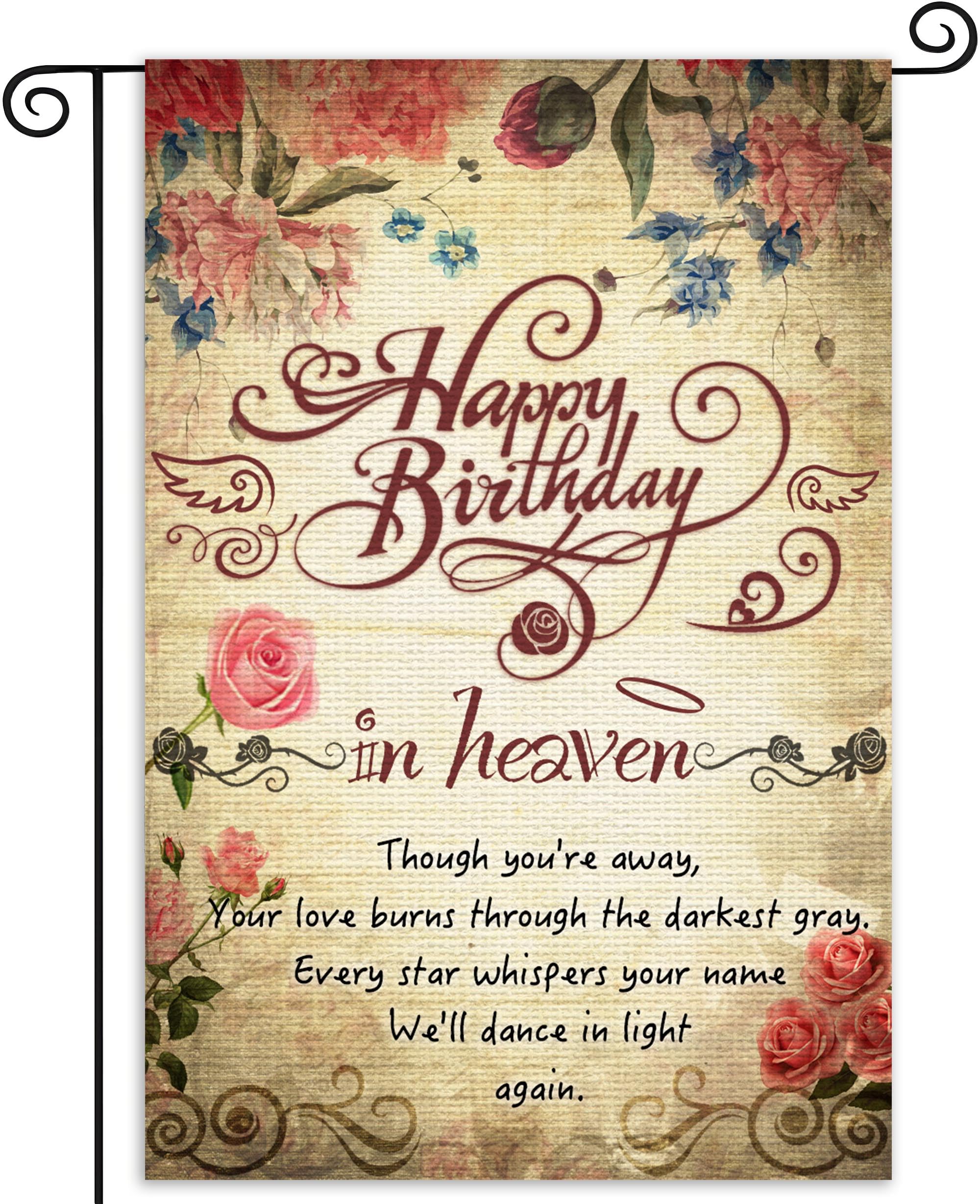 Happy Birthday in Heaven Garden Flags Funeral Remembrance Decoration for Cemetery 12x18 inch Double Side Funeral Memorial Flags Happy Heaven Birthday
