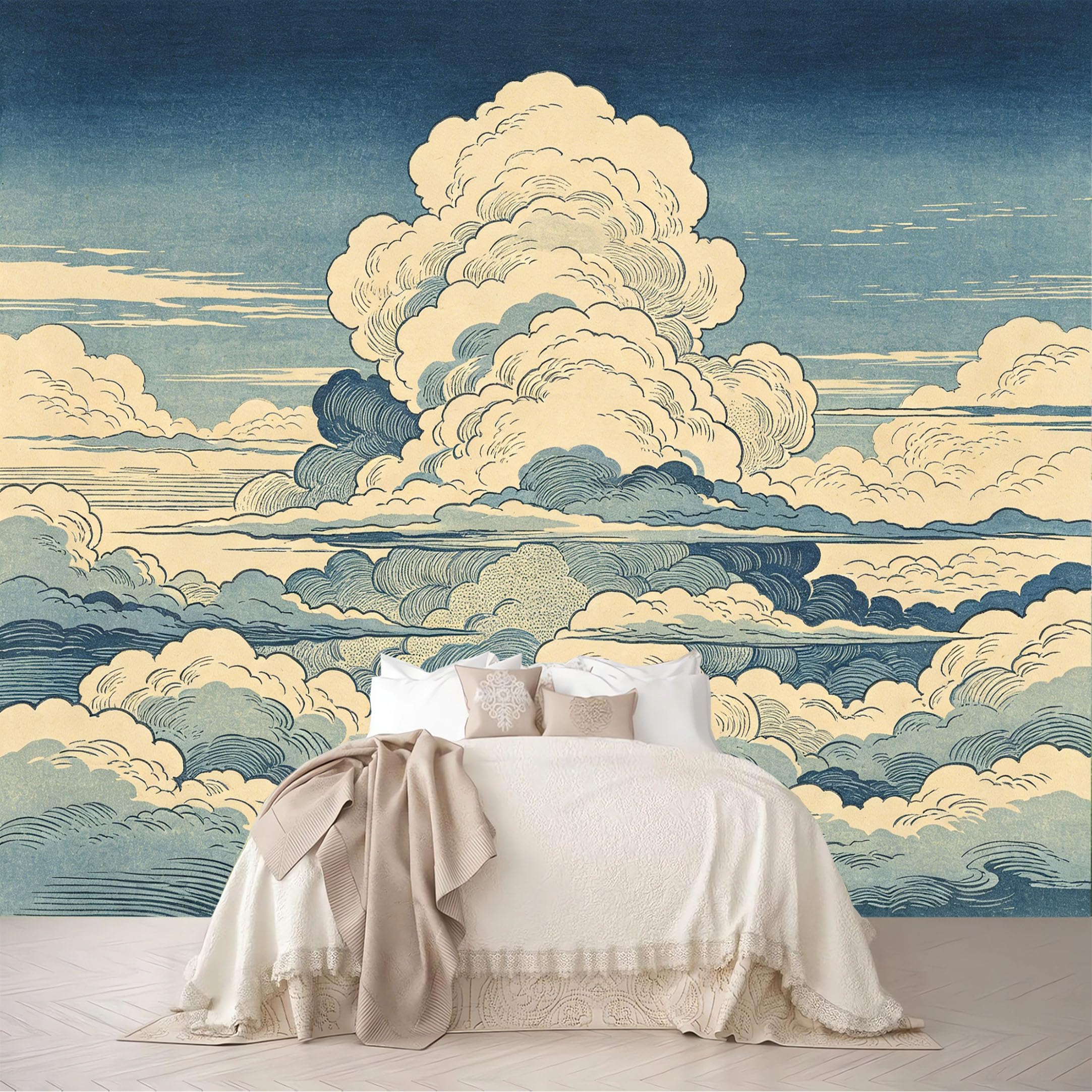 Dskjoviality Ab260706003 Custom Size Wall Mural Vintage Ukiyo-E Blue Cloud Woodblock Print Art Removable Self Adhesive Peel And Stick Wallpaper For Bedroom Living Room Dining Room