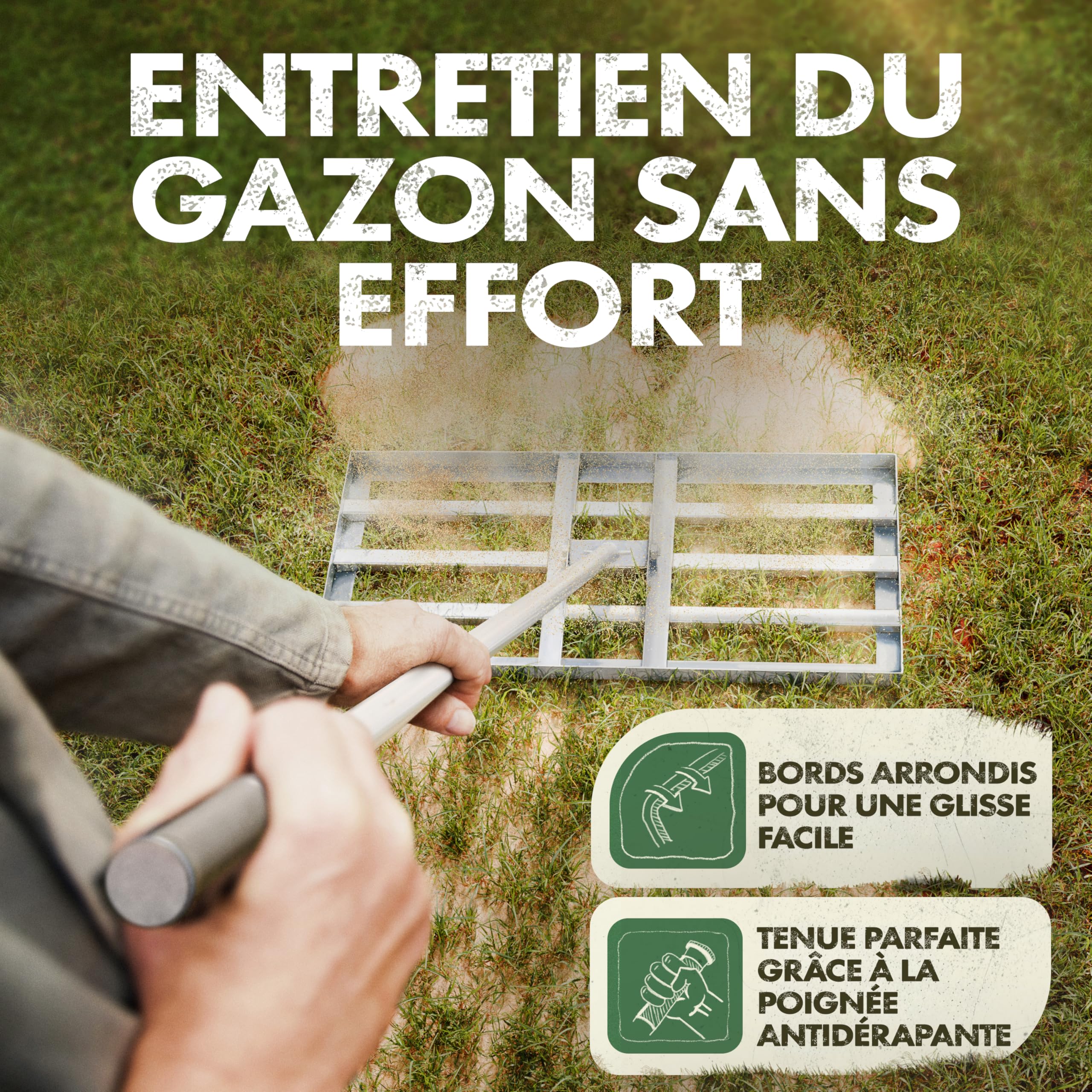 GARLINGO Râteau à gazon | 75 x 35 cm | Avec manche métallique de 1,7 m | Râteau à gazon pour ratisser la pelouse, niveler le sable de la pelouse, aérateur niveleur de pelouse avec râteau