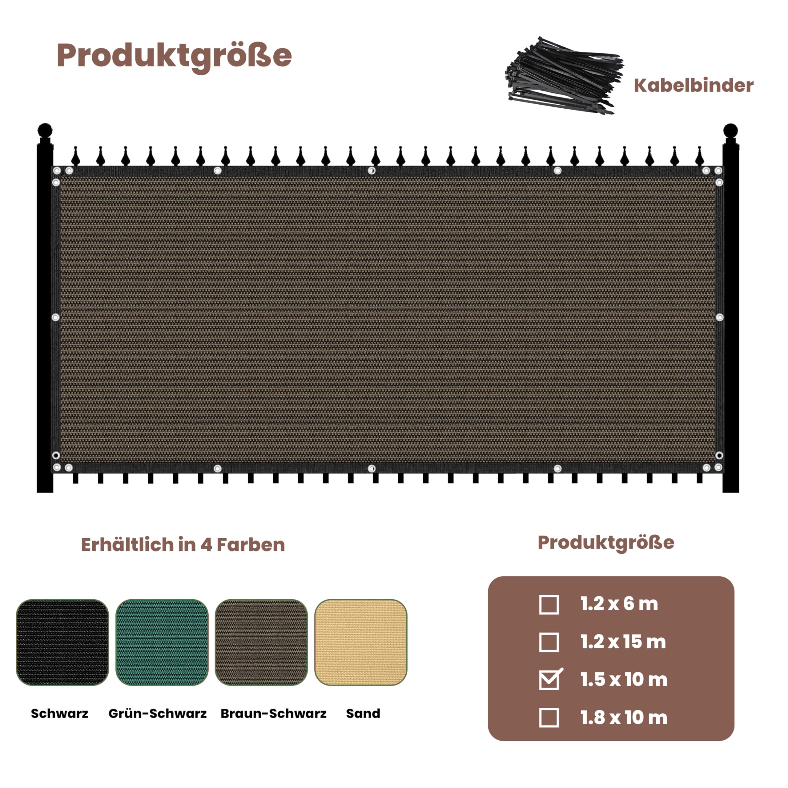 Zaunblende Sichtschutz Braun-Schwarz,1.5x10m, Sichtschutzzaun 90% HDPE-Schattennetz für den Außenbereich, mit Löchern und Kabelbindern, UV-beständiges, reißfestes Sonnenschutznetz