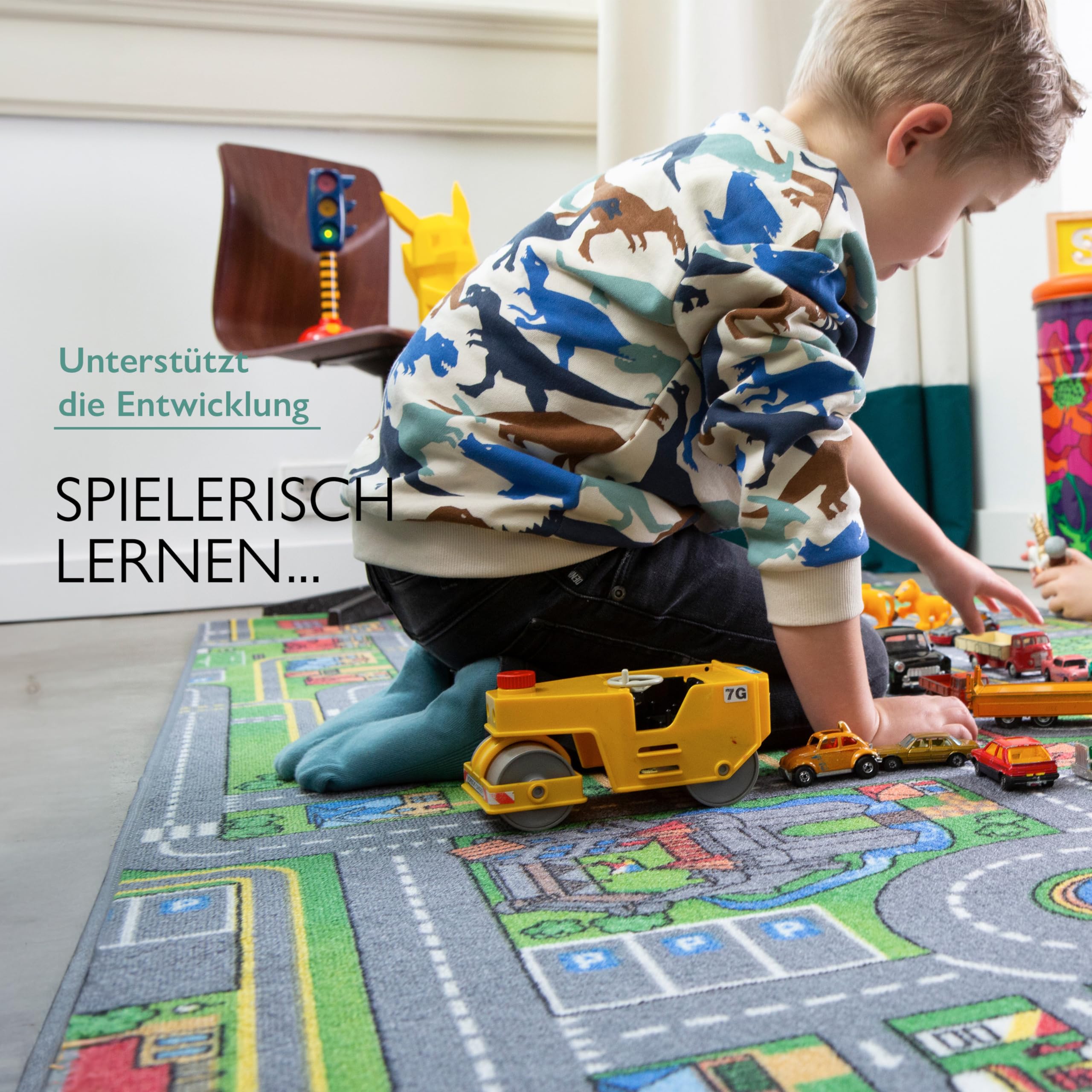 Carpet Studio Teppich Kinderzimmer 95x100cm, Kinderteppich, Spielteppich Straße Jungen & Mädchen, Teppiche für Babyzimmer, Schlafzimmer & Spielzimmer, Antirutsch, 30°C waschbar - Playcity