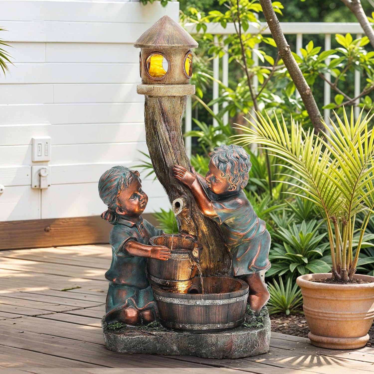 31" Boy & Girl Outdoor Water Fountain with LED Lights, Pagoda and Wood Barrel Garden Fountain, 3-Tier Cascading Waterfall for Tranquil Backyard, Patio or Porch, Faux Bronze Finish
