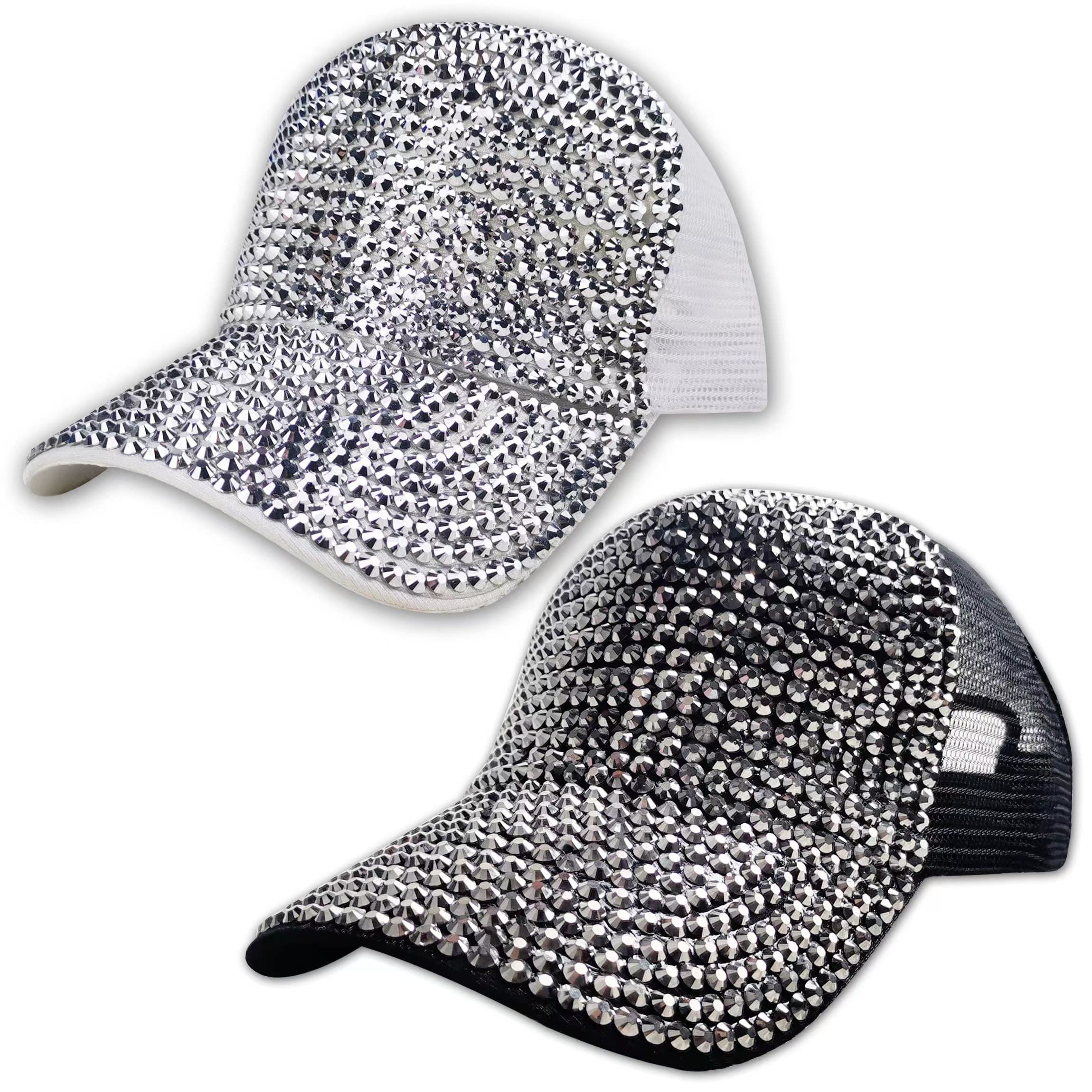 Xicagup 2 Pack Rhinestone Baseball Caps Women Men Adjustable Rhinestone Studded Fitted Sports Hat Sparkle Crystal Summer Bling Hat White and Black