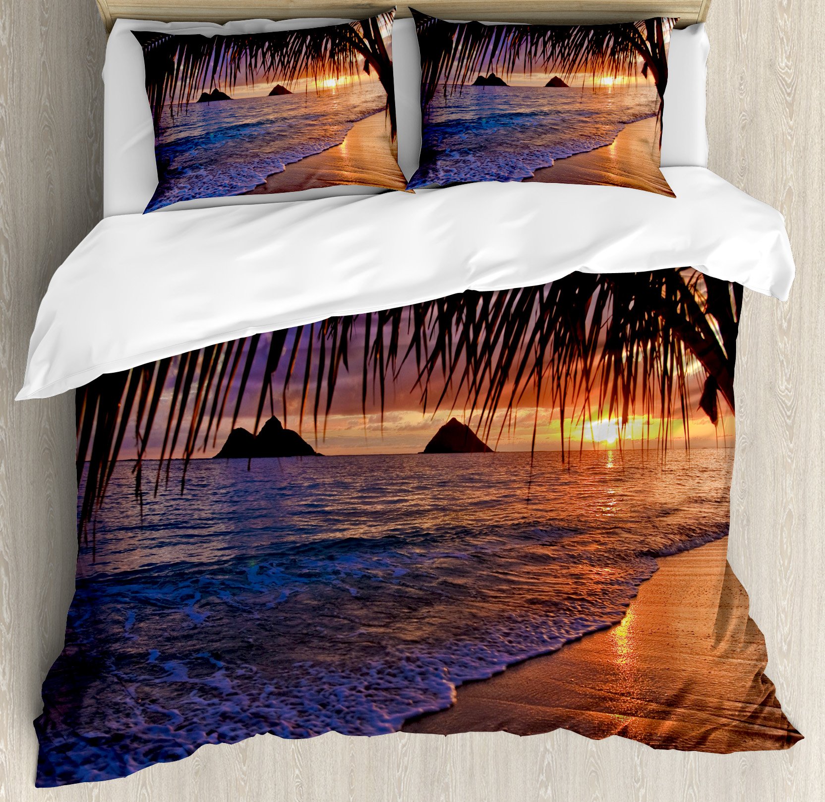 Ambesonne Hawaiian Duvet Cover Set, Pacific Sunrise at Lanikai Beach Hawaii Sandy Tropics Hills Leaves Landmark, Decorative 3 Piece Bedding Set with 2 Pillow Shams, King Size, Umber Purple