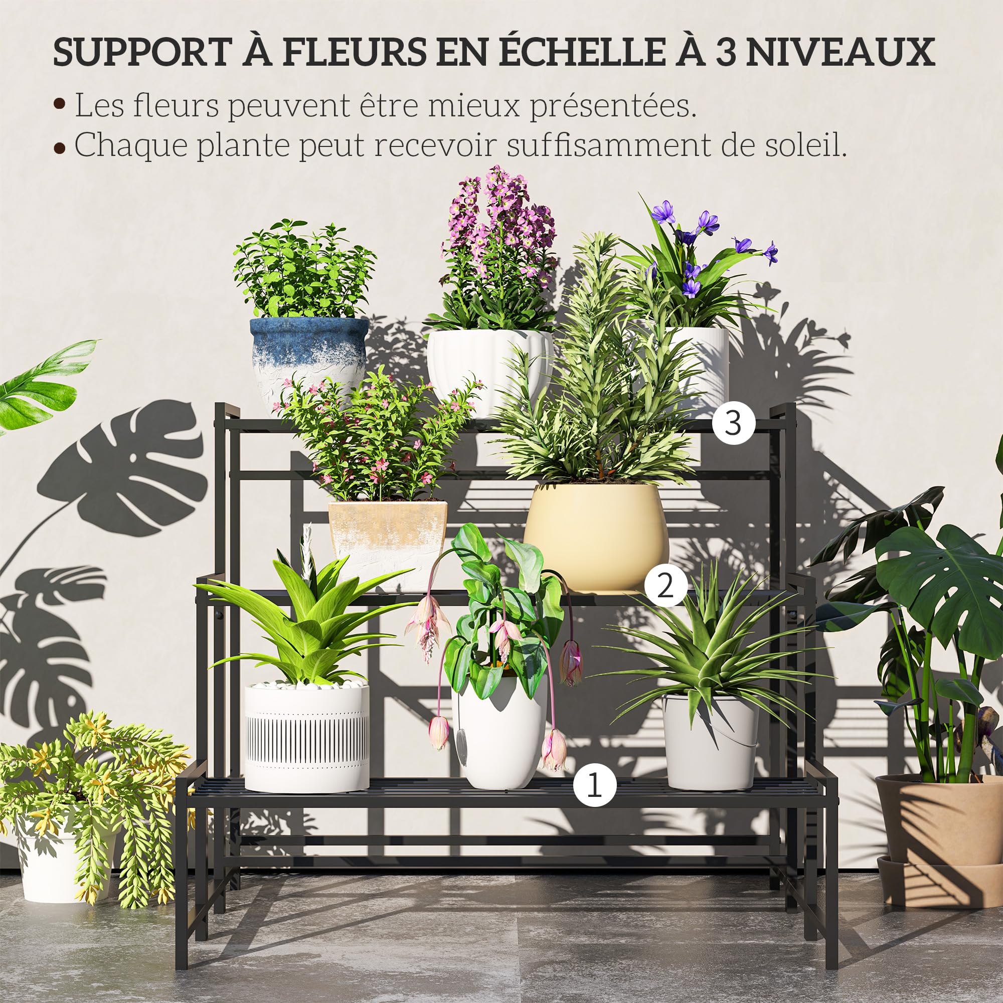 Outsunny Étagère à Fleurs en métal 3 Niveaux Jardin 75 x 70 x 66 cm Noir | Intérieur et Extérieur, Support de Plantes en Échelle, Étagère à Plantes, Balcon, Salon