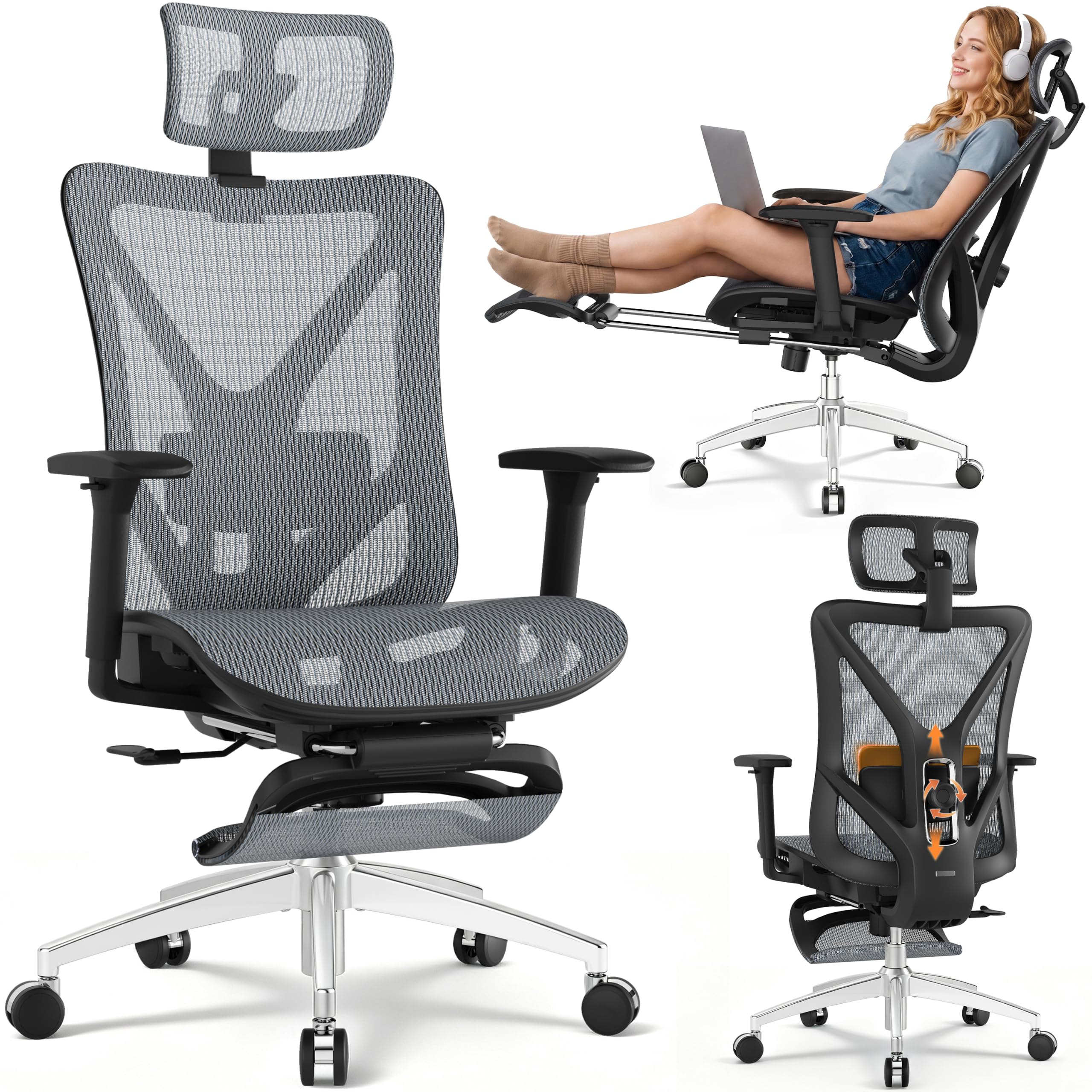 GABRYLLY Ergonomic Office Chair with Adjustable Lumbar Support, 3D Armrests & Headrest, 135° Reclining Chair with Footrest & Large Steel Base,300LBS Swivel Desk Chair - GYMN01-DG