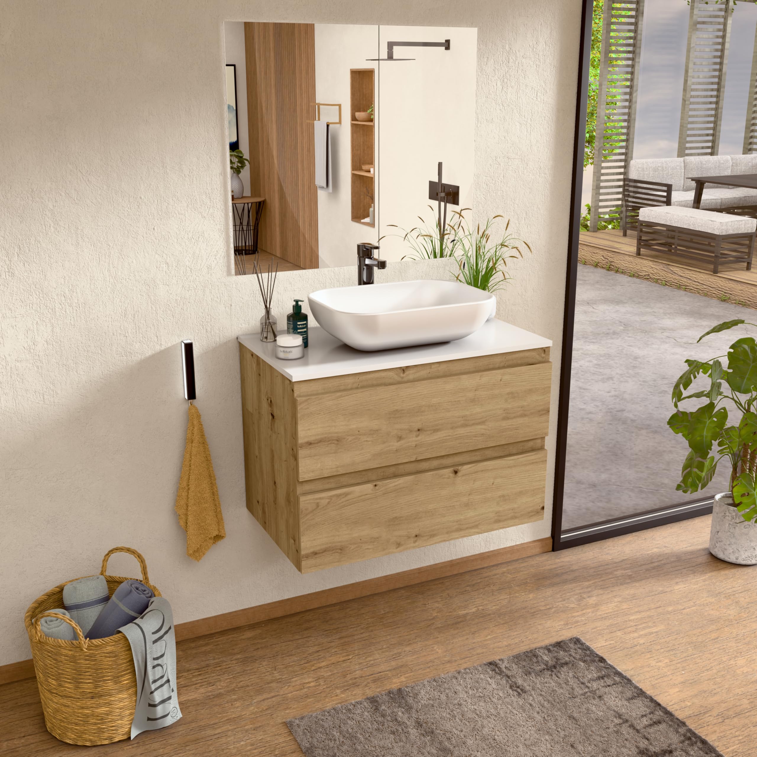 BELLOBATH - Meuble Salle de Bain avec Lavabo en Céramique et Miroir, Meuble de Rangement Salle de Bain, 2 Tiroirs 80 x 55 x 46 cm, Meuble Chêne/Blanc
