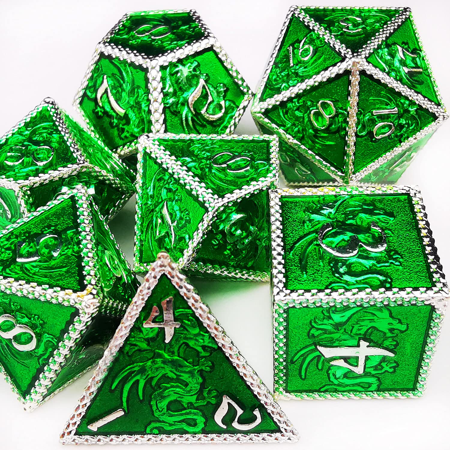 HAOMEJA Dragon Metal DND Dice Set D&D Dice Dungeons and Dragons RPG Games Silver Green